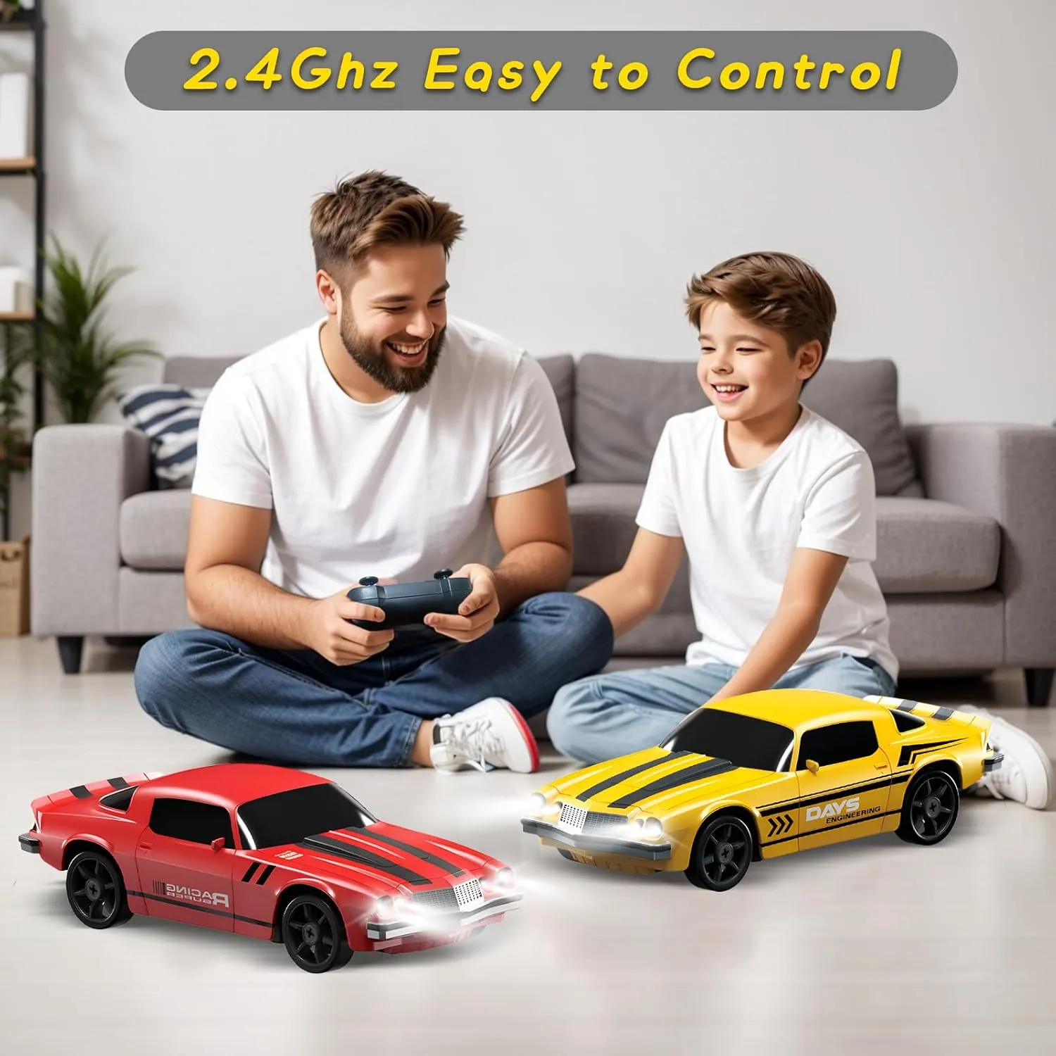 RC Drift Car, 1/24 4WD Remote Control Car 2.4GHz High Speed Drift RC Cars with LED Light, Two Rechargeable Batteries and Drifting Tires for Kids Boys Girls and Adults, Yellow