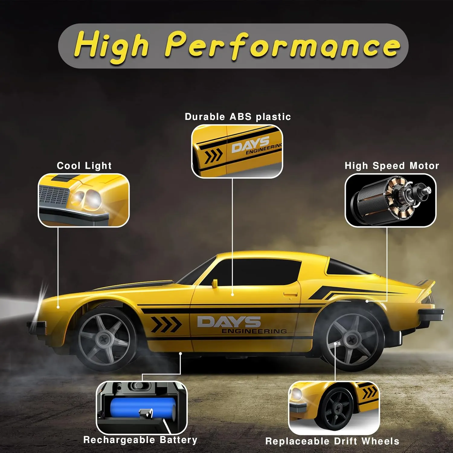 RC Drift Car, 1/24 4WD Remote Control Car 2.4GHz High Speed Drift RC Cars with LED Light, Two Rechargeable Batteries and Drifting Tires for Kids Boys Girls and Adults, Yellow