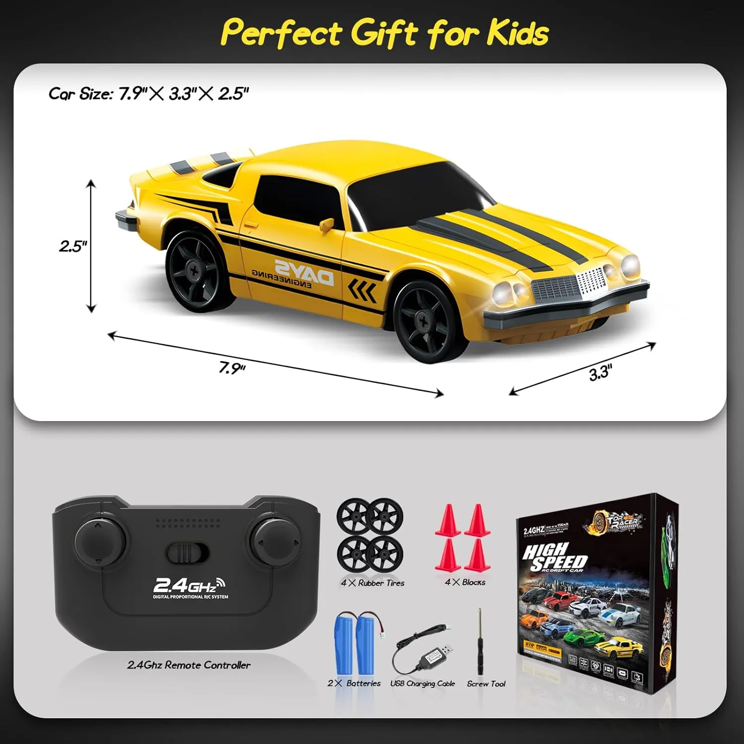 RC Drift Car, 1/24 4WD Remote Control Car 2.4GHz High Speed Drift RC Cars with LED Light, Two Rechargeable Batteries and Drifting Tires for Kids Boys Girls and Adults, Yellow