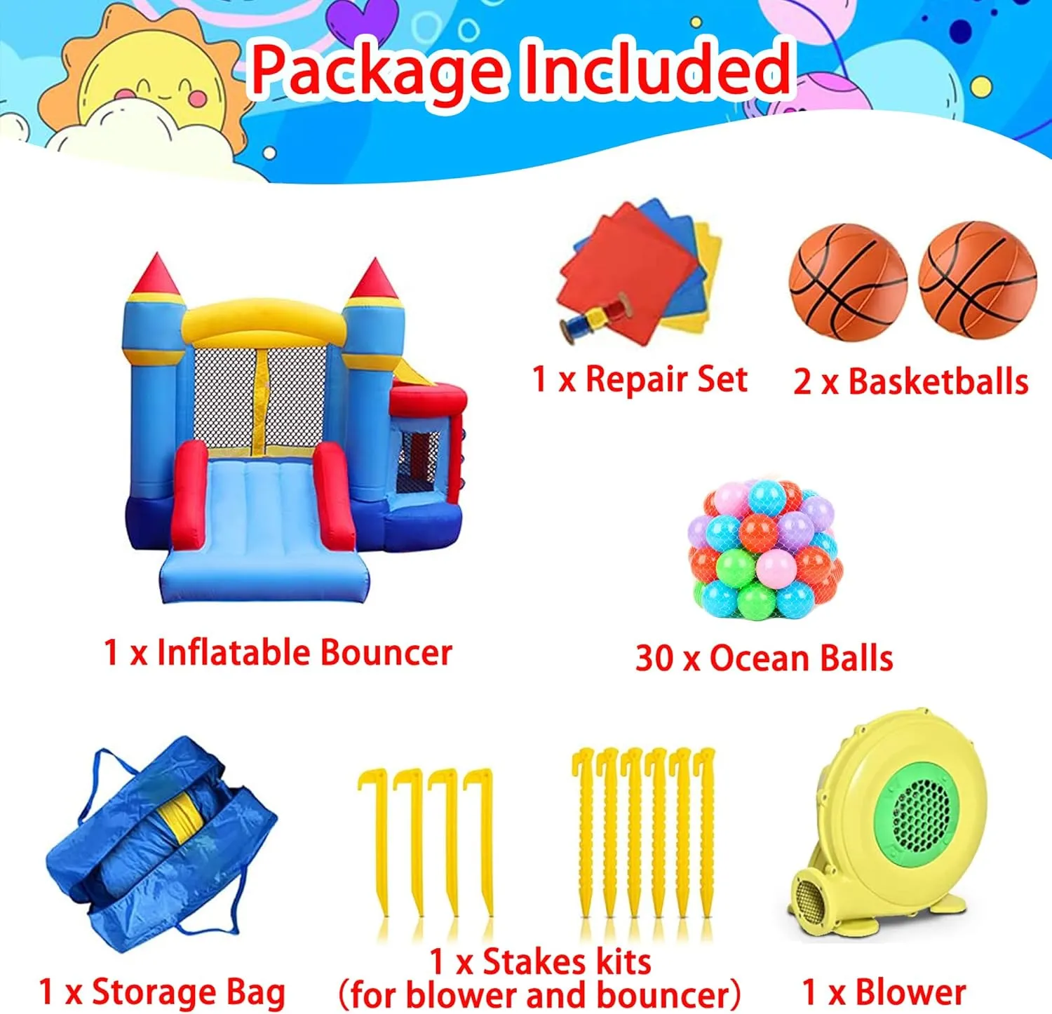 RETRO JUMP Inflatable Bounce House, Bouncy House for Kids Outdoor, Inflatable Kids Bounce House with Jumping Ball Pit & Basketball Hoop, Ocean Balls, Blower, Patch Kits, Stakes, Carrying Bag