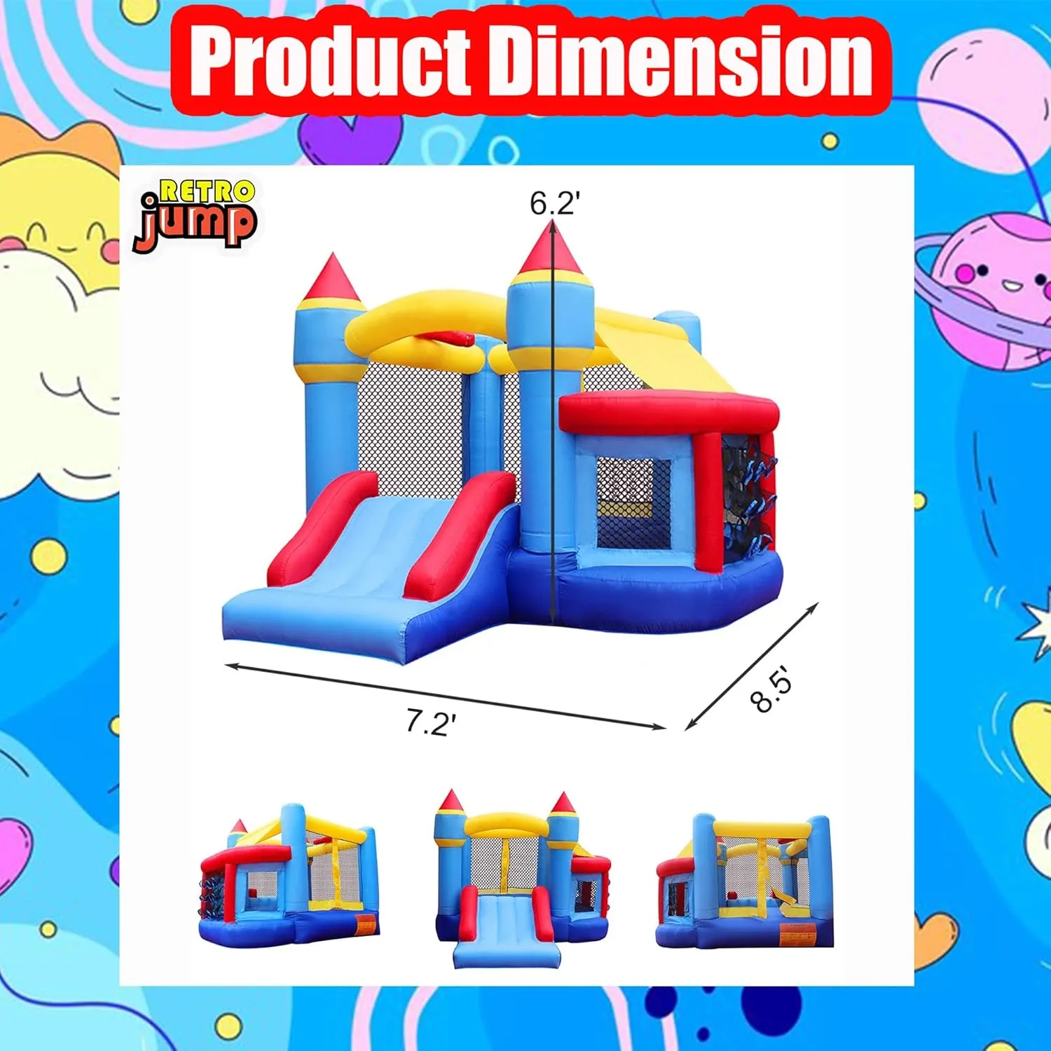 RETRO JUMP Inflatable Bounce House, Bouncy House for Kids Outdoor, Inflatable Kids Bounce House with Jumping Ball Pit & Basketball Hoop, Ocean Balls, Blower, Patch Kits, Stakes, Carrying Bag