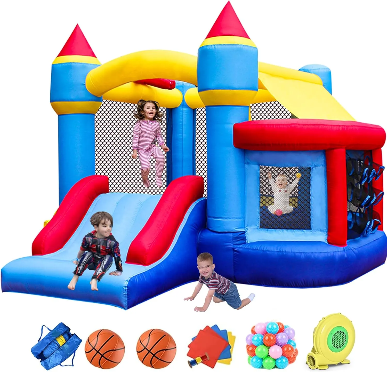 RETRO JUMP Inflatable Bounce House, Bouncy House for Kids Outdoor, Inflatable Kids Bounce House with Jumping Ball Pit & Basketball Hoop, Ocean Balls, Blower, Patch Kits, Stakes, Carrying Bag