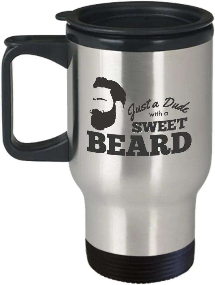 Robyn-Michele Design Co. Funny Beard Travel Mug, Beard Coffee Mug, Beard Humor, Gift for Him, Dude with Beard Travel Coffee Mug, Gift for Bearded Guys, Gift for Husband, Gift