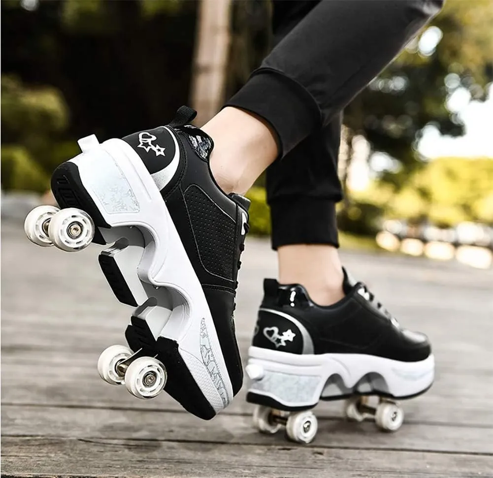 Roller Skate Shoes for Women, Double-Row Deform Quad Roller Skates, Automatic Walking Shoes Detachable Roller Skate, Shoes with Wheels for Girls Boys, Skating Shoes Unisex