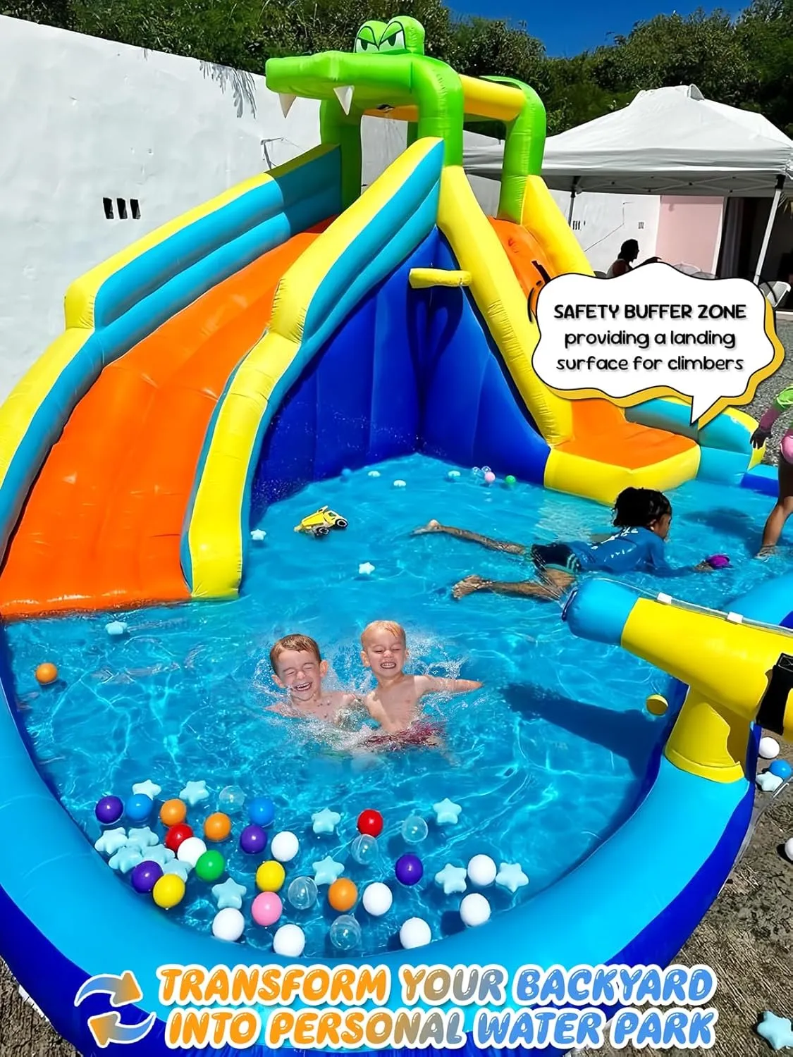ROOJER Inflatable Water Slide Park for Kids Backyard 8-in-1 Blow Up Crocodile Spray Slide with 450W Blower, Splash Pool, Climbing Wall, Water Cannon, Basketball Hoop for Summer Outdoor Play Party Gift