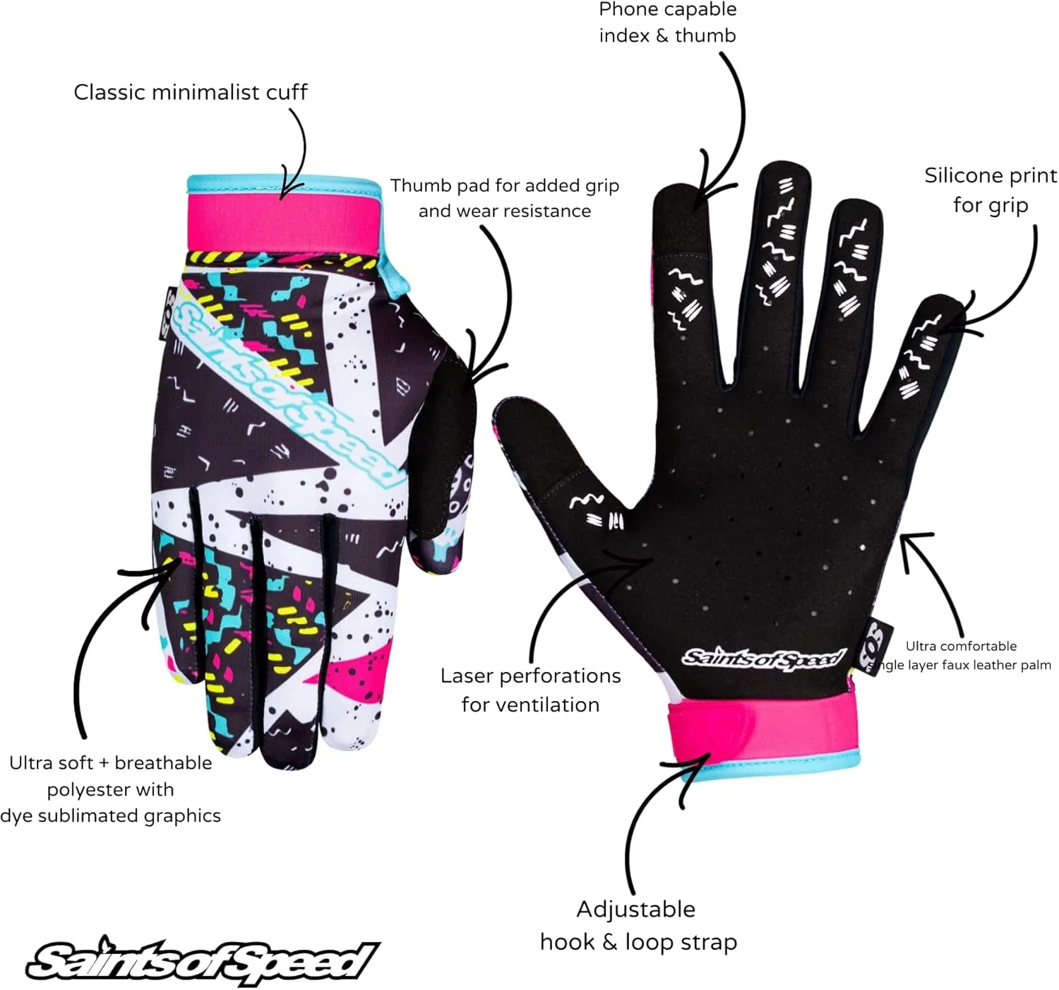 Saints of Speed Dirt Bike Gloves Retro Motocross, Mountain Bike, Motorcycle, BMX, Jetski, Sim, Karting, Airsoft, Paintball, Driving, & Racing Bike Gloves   Phone & Touch Screen Capable (X-Large)