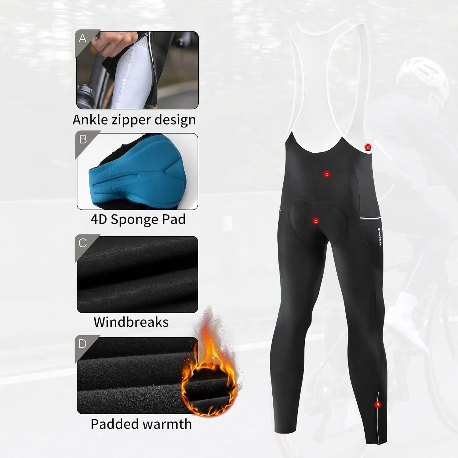 Santic Men's Winter Fleece Pro Cycling Bib Pants 4D Padded Thermal Cold Weather Bike Riding Pants with Pockets