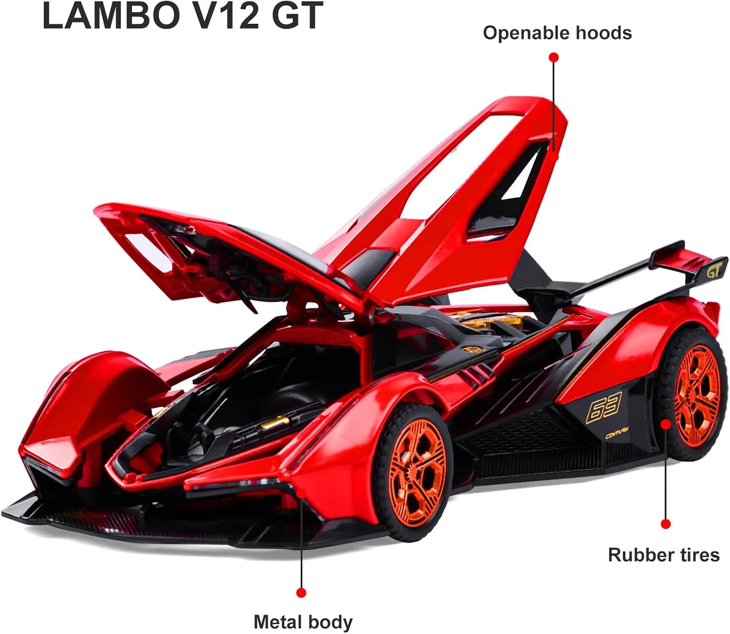 SASBSC Toy Cars Lambo V12 Race Car Toys with Light and Sound Diecast Metal Model Cars for 3  Year Old Boys Pull Back Car Gift Toys for Kids Ages 3-8(Red)
