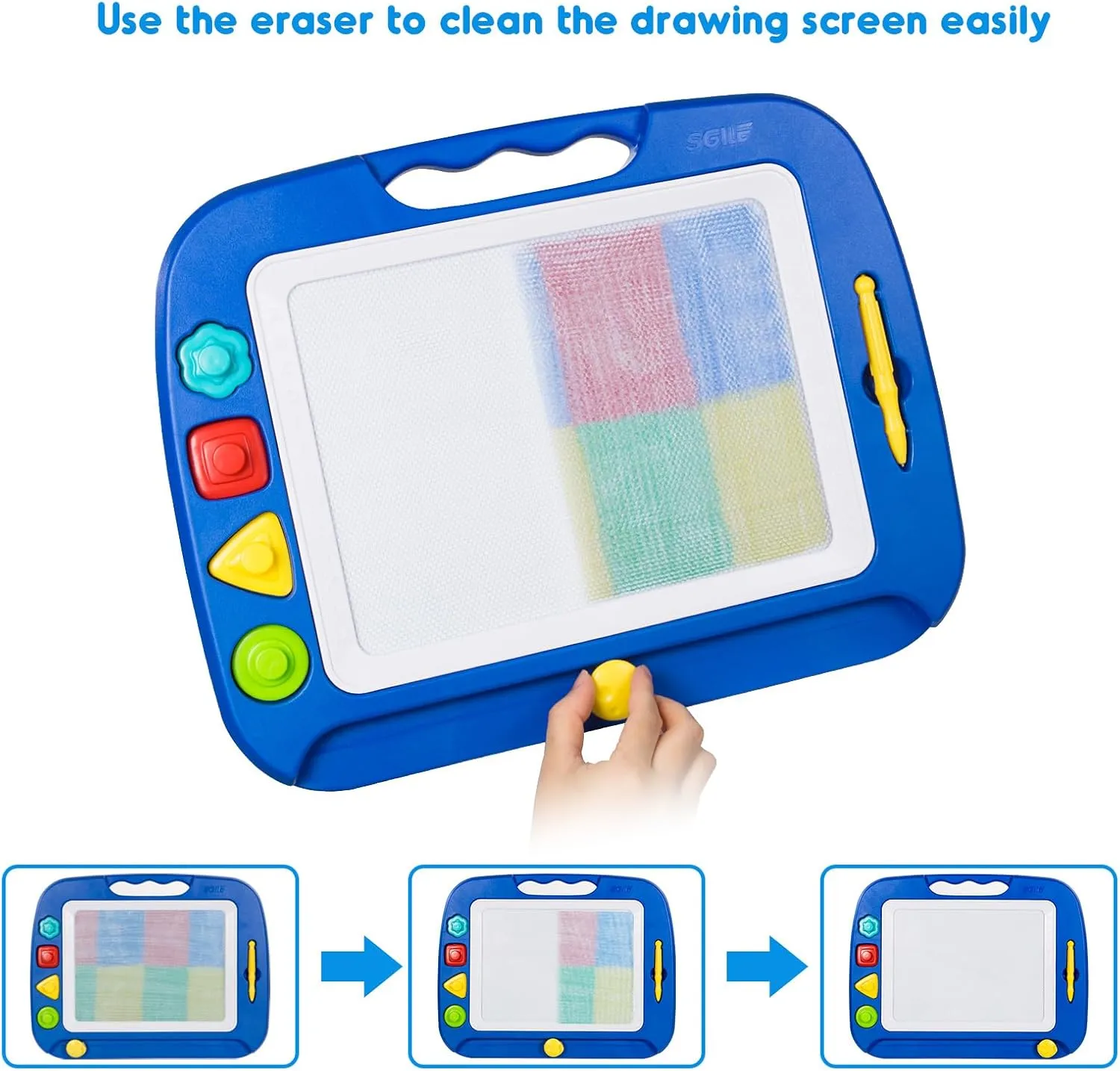 SGILE Large Magnetic Drawing Board - 4 Colors 16×13in Writing Painting Doodle Pad with 4 Stamps for Toddlers, Learning Educational Toy Etch Sketch Gift for 36  Month Kids Girls Boys, Blue