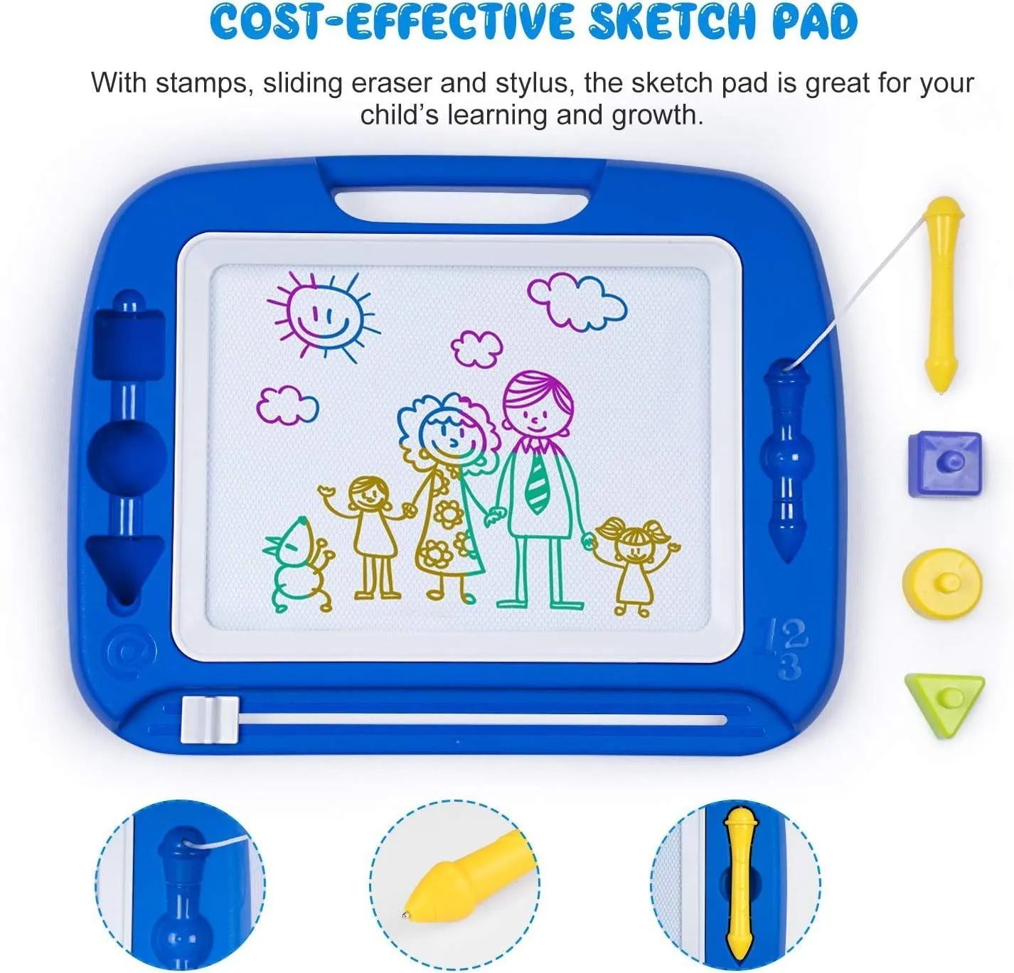SGILE Large Magnetic Drawing Board - 4 Colors 16×13in Writing Painting Doodle Pad with 4 Stamps for Toddlers, Learning Educational Toy Etch Sketch Gift for 36  Month Kids Girls Boys, Blue