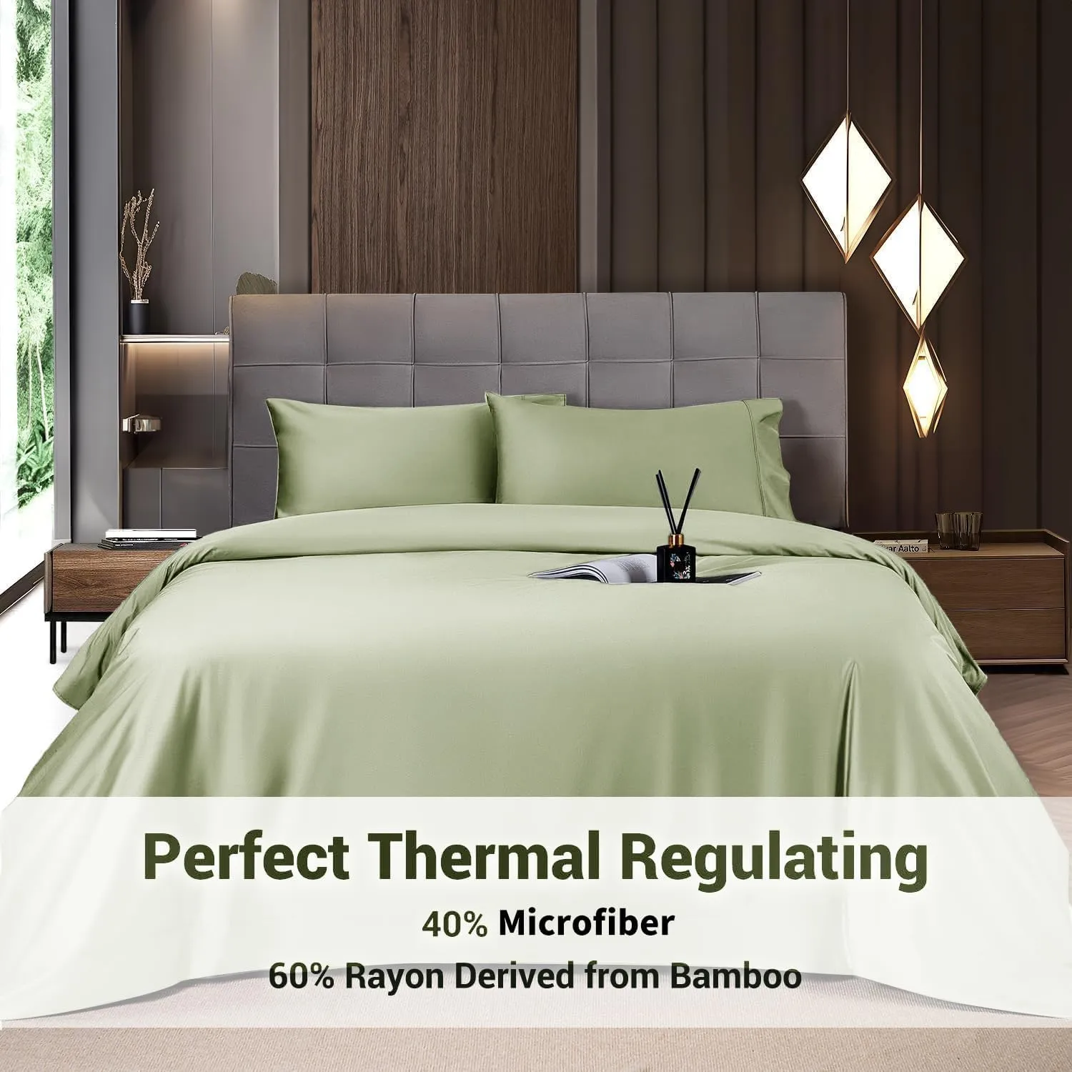 Shilucheng 4 Piece Queen Sheet Sets, Cooling Sheets, Blend Rayon Derived from Bamboo, Deep Pocket Up to 16", Breathable & Soft Bed Sheets, Hotel Silky Bedding Set, Sage Green