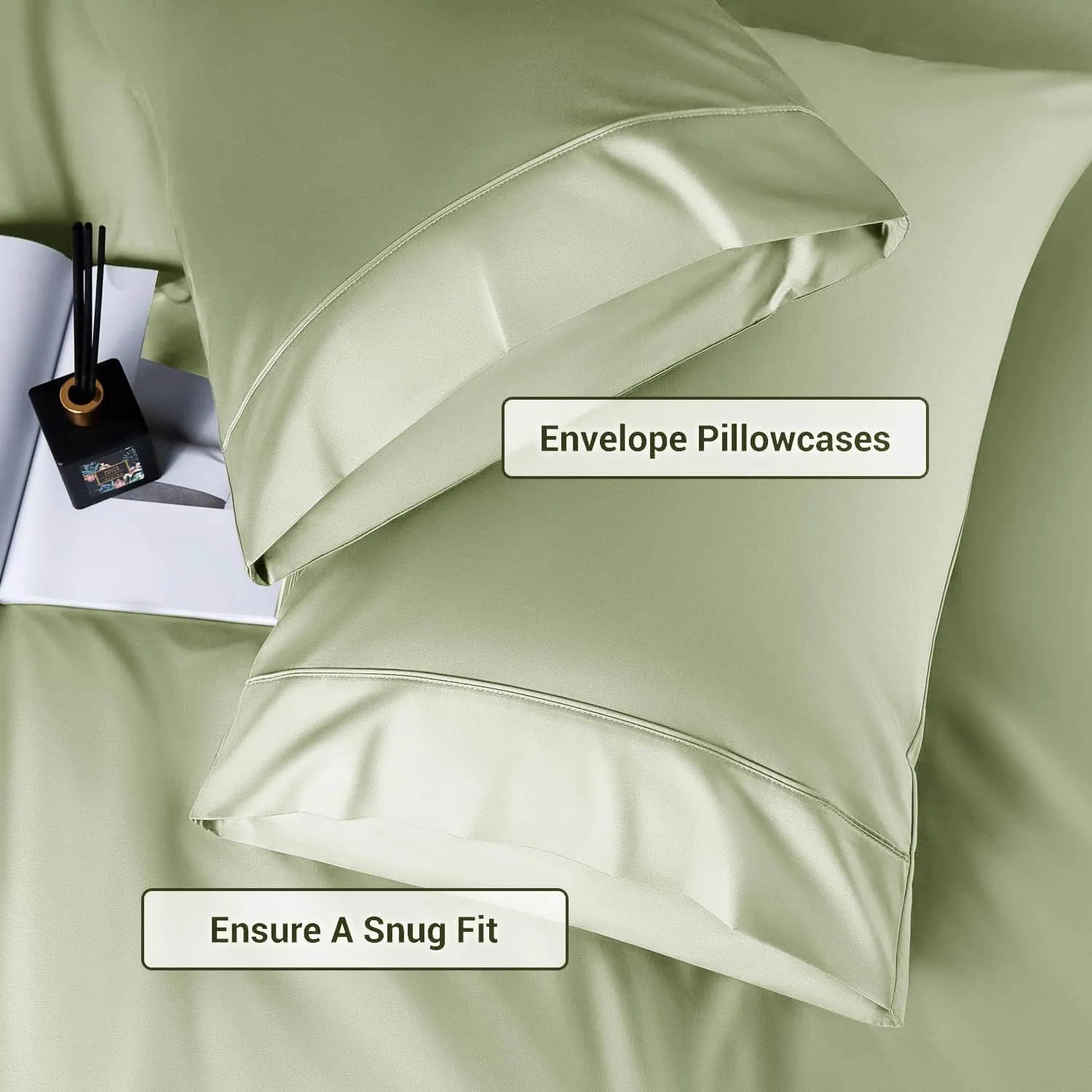 Shilucheng 4 Piece Queen Sheet Sets, Cooling Sheets, Blend Rayon Derived from Bamboo, Deep Pocket Up to 16", Breathable & Soft Bed Sheets, Hotel Silky Bedding Set, Sage Green