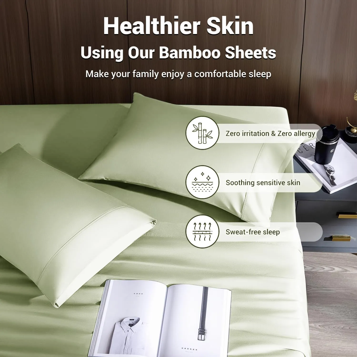 Shilucheng 4 Piece Queen Sheet Sets, Cooling Sheets, Blend Rayon Derived from Bamboo, Deep Pocket Up to 16", Breathable & Soft Bed Sheets, Hotel Silky Bedding Set, Sage Green