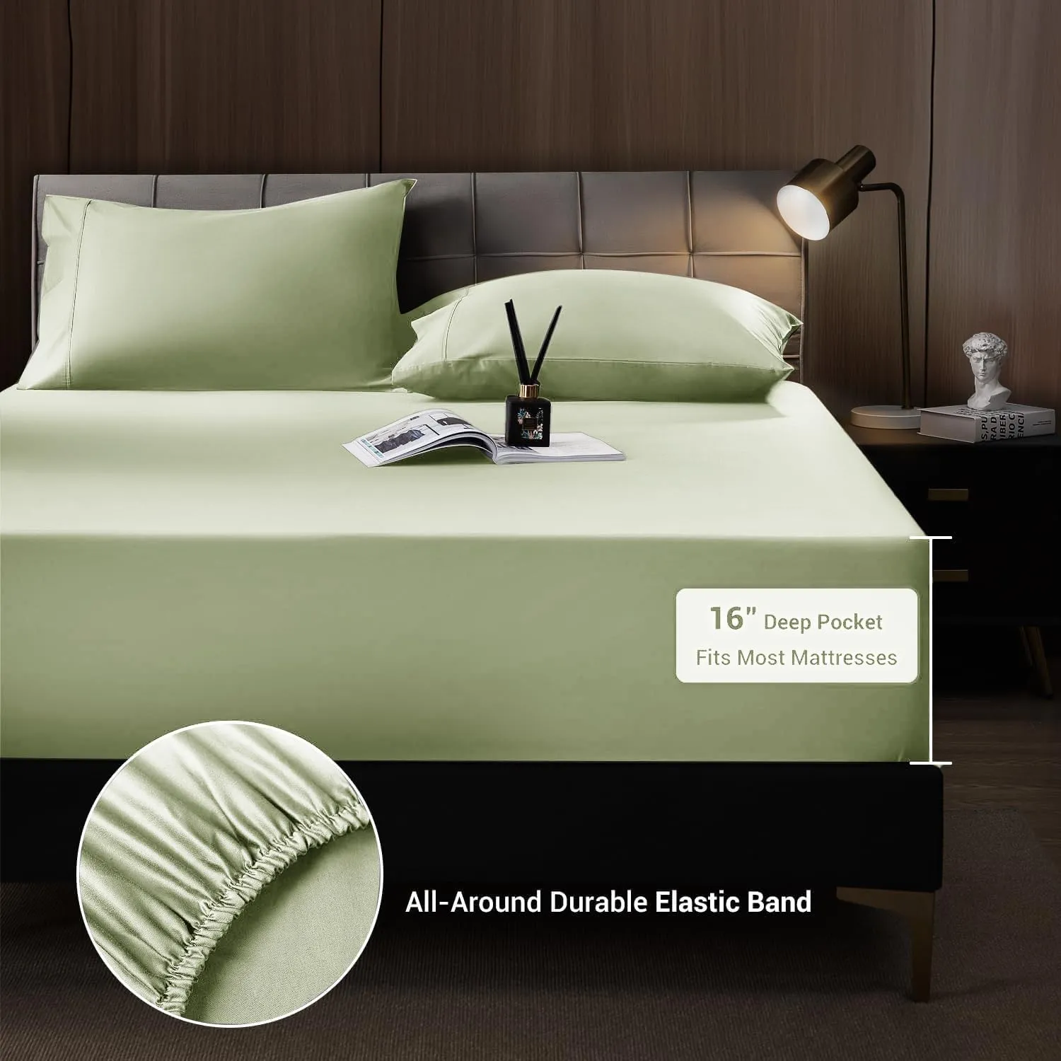 Shilucheng 4 Piece Queen Sheet Sets, Cooling Sheets, Blend Rayon Derived from Bamboo, Deep Pocket Up to 16", Breathable & Soft Bed Sheets, Hotel Silky Bedding Set, Sage Green