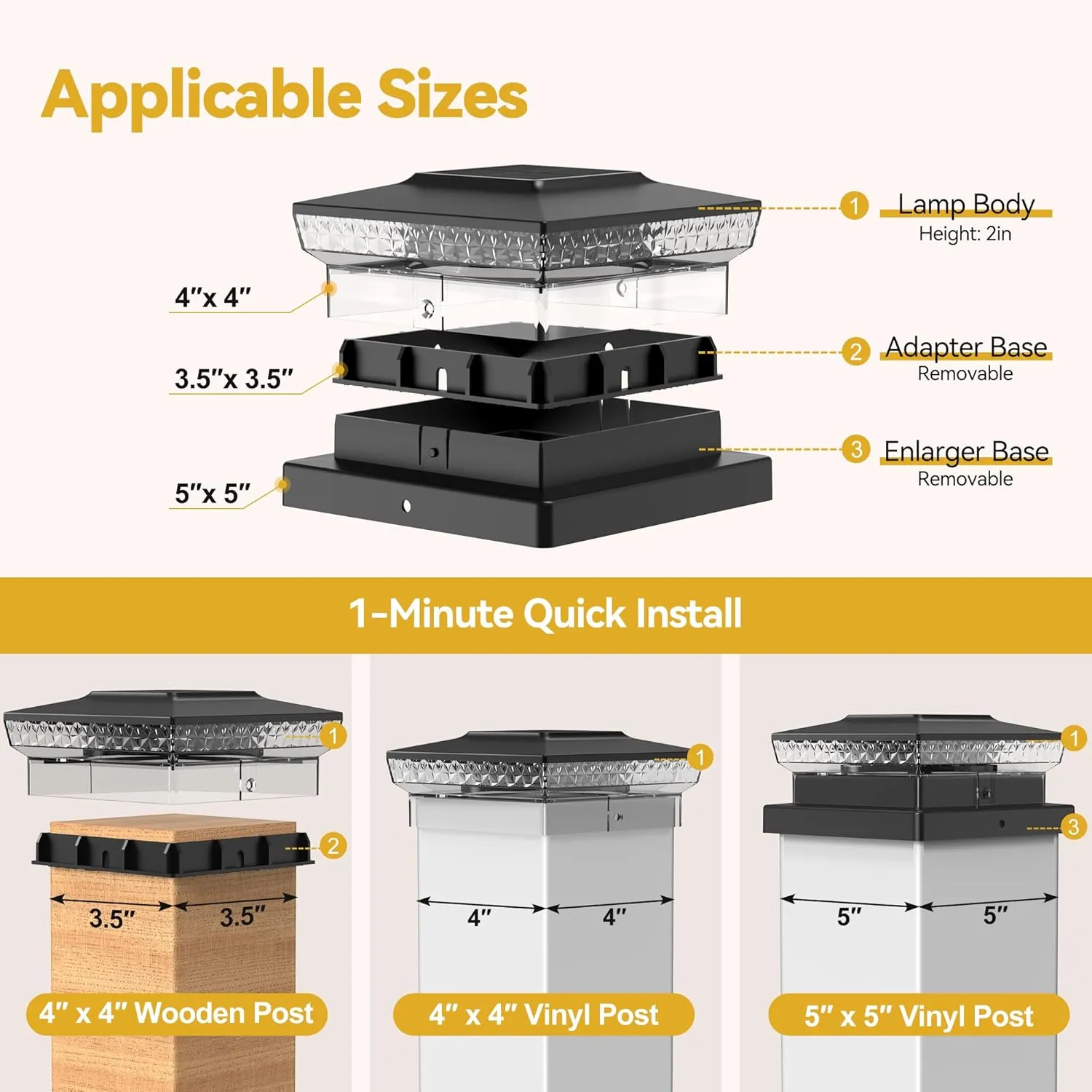 Solar Post Cap Lights, 2 Pack Upgraded Outdoor Deck Fence Post Solar Lights for 4x4 5x5 Wood/Vinyl Posts, IP65 Waterproof, 10-12 Hours Warm/Cool White Glow for Garden/Patio/Porch - Black