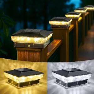 Solar Post Cap Lights, 2 Pack Upgraded Outdoor Deck Fence Post Solar Lights for 4x4 5x5 Wood/Vinyl Posts, IP65 Waterproof, 10-12 Hours Warm/Cool White Glow for Garden/Patio/Porch - Black