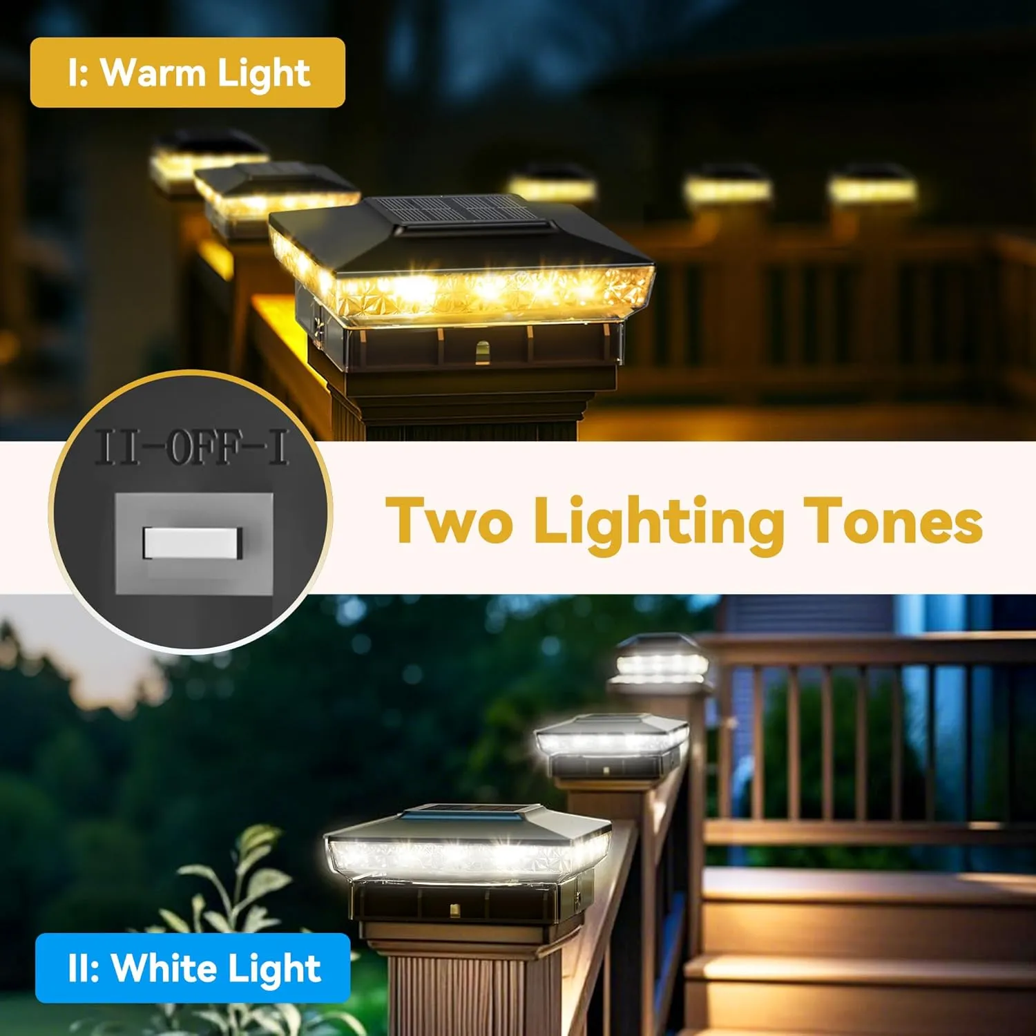 Solar Post Cap Lights, 2 Pack Upgraded Outdoor Deck Fence Post Solar Lights for 4x4 5x5 Wood/Vinyl Posts, IP65 Waterproof, 10-12 Hours Warm/Cool White Glow for Garden/Patio/Porch - Black