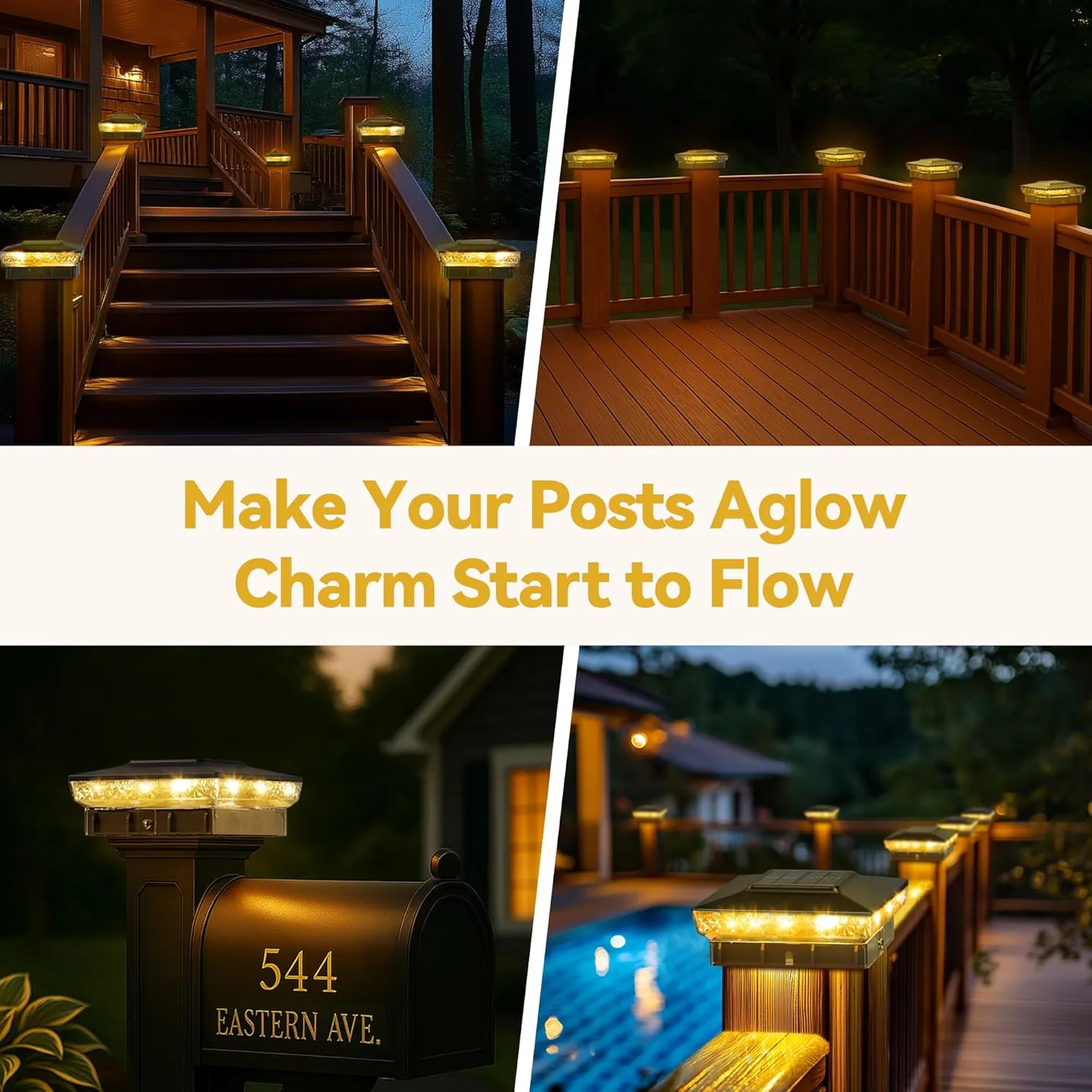 Solar Post Cap Lights, 2 Pack Upgraded Outdoor Deck Fence Post Solar Lights for 4x4 5x5 Wood/Vinyl Posts, IP65 Waterproof, 10-12 Hours Warm/Cool White Glow for Garden/Patio/Porch - Black