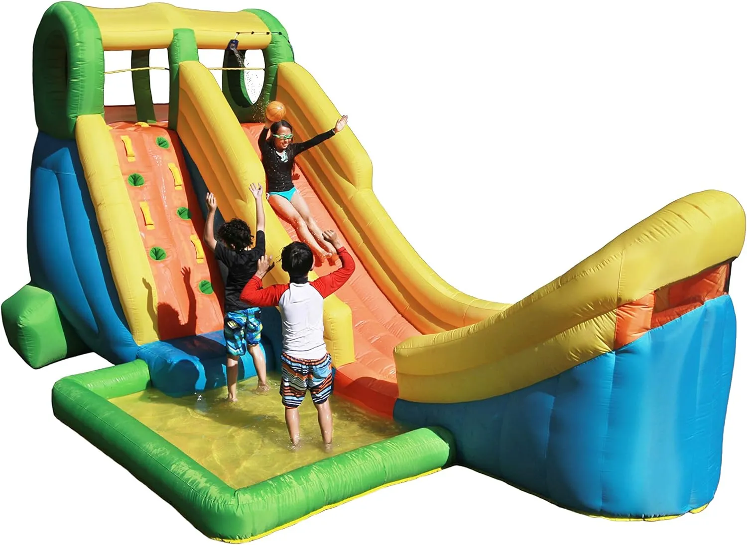 Sportspower Kids Inflatable Half Pipe Outdoor Water Slide with Climbing Wall and Basketball System with Blower