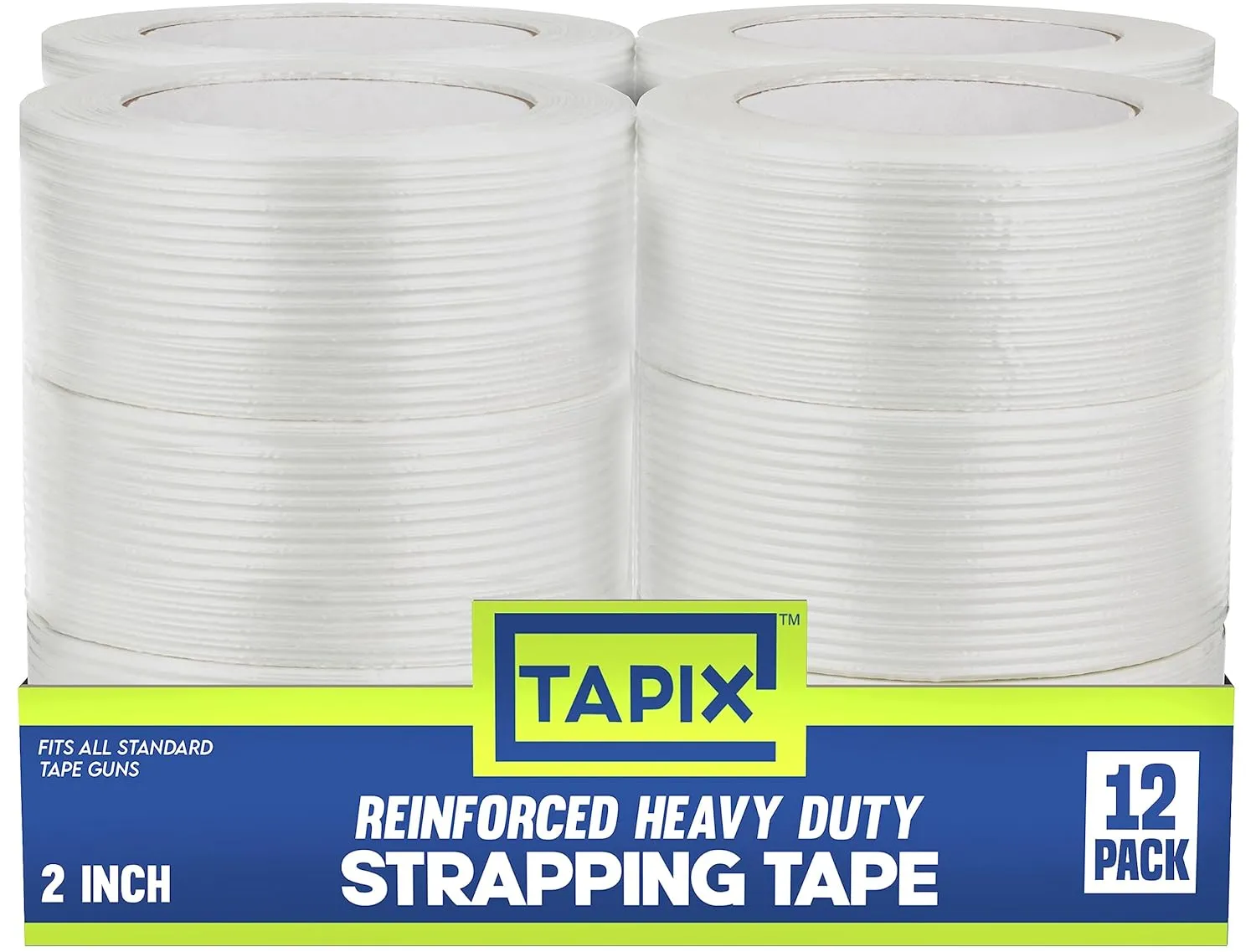 Strapping Tape 2 inch x 60 yds, (12 Pack) Fiberglass Tape Super Strong Reinforced Tear Resistant Clear Strapping Tape Holds up to 120 LB.