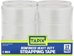 Strapping Tape 2 inch x 60 yds, (12 Pack) Fiberglass Tape Super Strong Reinforced Tear Resistant Clear Strapping Tape Holds up to 120 LB.