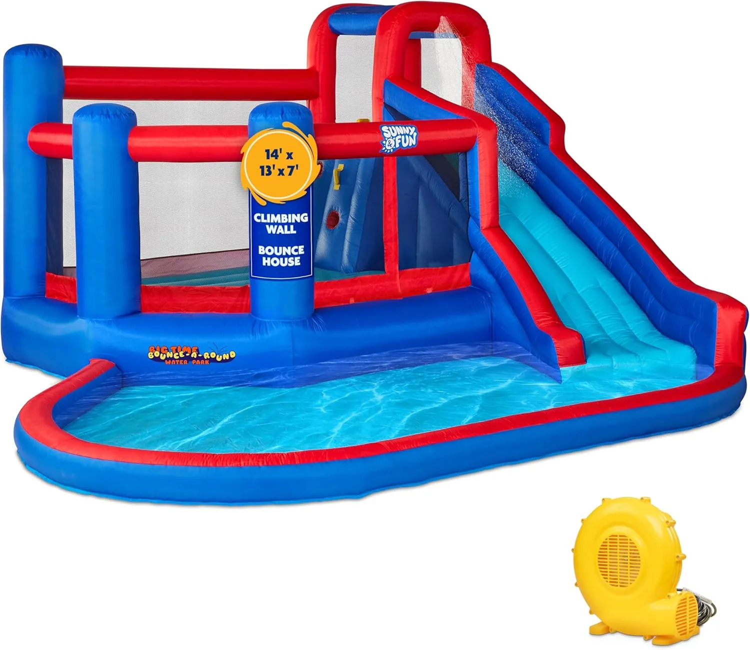 Sunny & Fun Big Time Bounce-A-Round Inflatable Water Slide Park – Heavy-Duty for Outdoor Fun - Climbing Wall, Slide & Splash Pool – Easy to Set Up & Inflate with Included Air Pump & Carrying Case