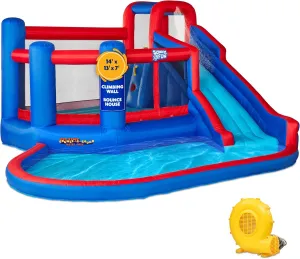 Sunny & Fun Big Time Bounce-A-Round Inflatable Water Slide Park – Heavy-Duty for Outdoor Fun - Climbing Wall, Slide & Splash Pool – Easy to Set Up & Inflate with Included Air Pump & Carrying Case