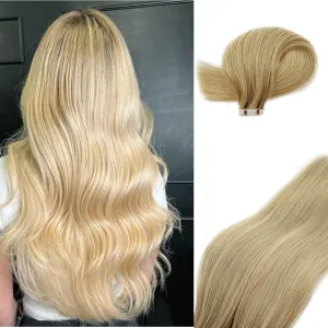 Tape in Hair Extensions Human Hair 14 Inch Balayage Light Platinum blonde Hair Extensions Tape in Ombre Silky Straight Real Human Hair Extensions Brown Rooted Glue in Extensions 50g/20pcs