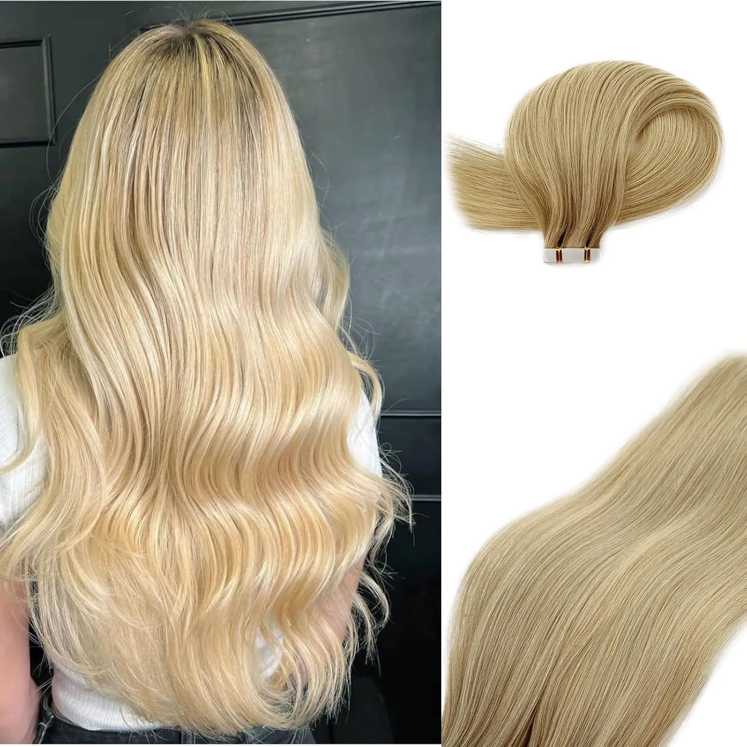 Tape in Hair Extensions Human Hair 14 Inch Balayage Light Platinum blonde Hair Extensions Tape in Ombre Silky Straight Real Human Hair Extensions Brown Rooted Glue in Extensions 50g/20pcs