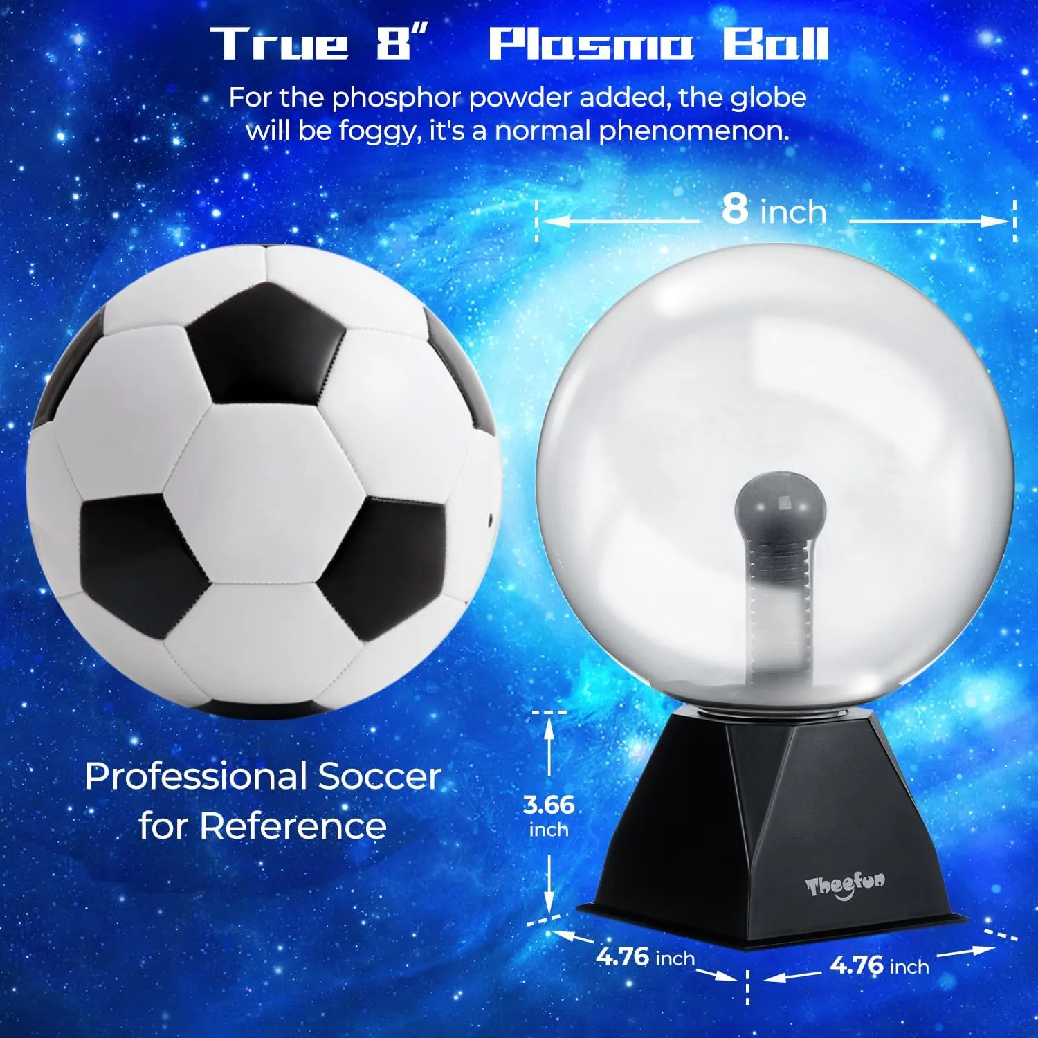 Theefun Blue Plasma Ball: 8 Inch Plasma Globe Touch & Sound Sensitive Plasma Ball Lamp Electric Ball Lightning Novelty Light for Parties, Home, Prop, Room Decoration, Christmas Gifts