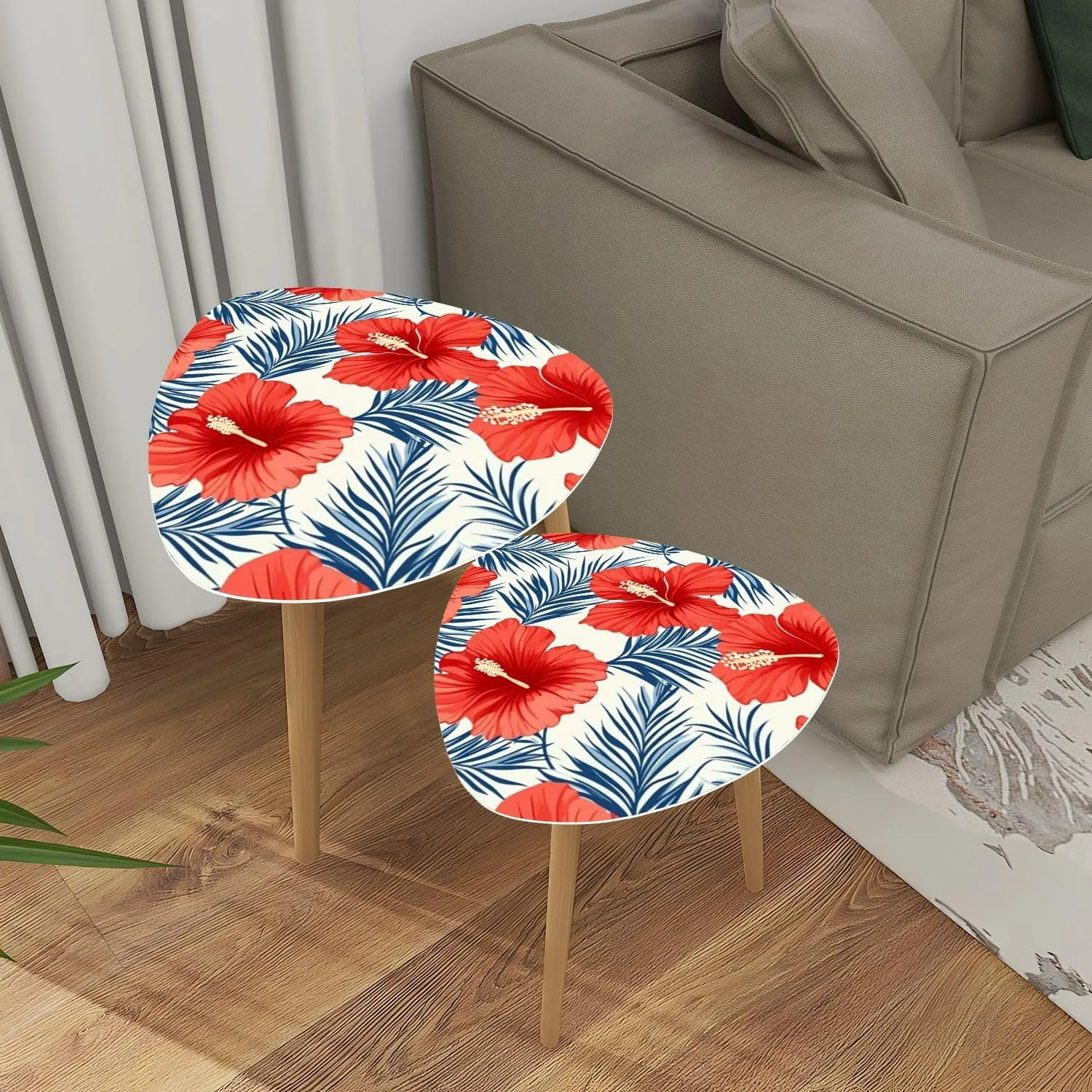 Triangle Nesting Coffee Table Set of 2 Tropical Flowers Palm Leaves Seamless Pattern Modern Minimalist Side Table Small End Leisure Tea Tables for Living Room Bedroom Office