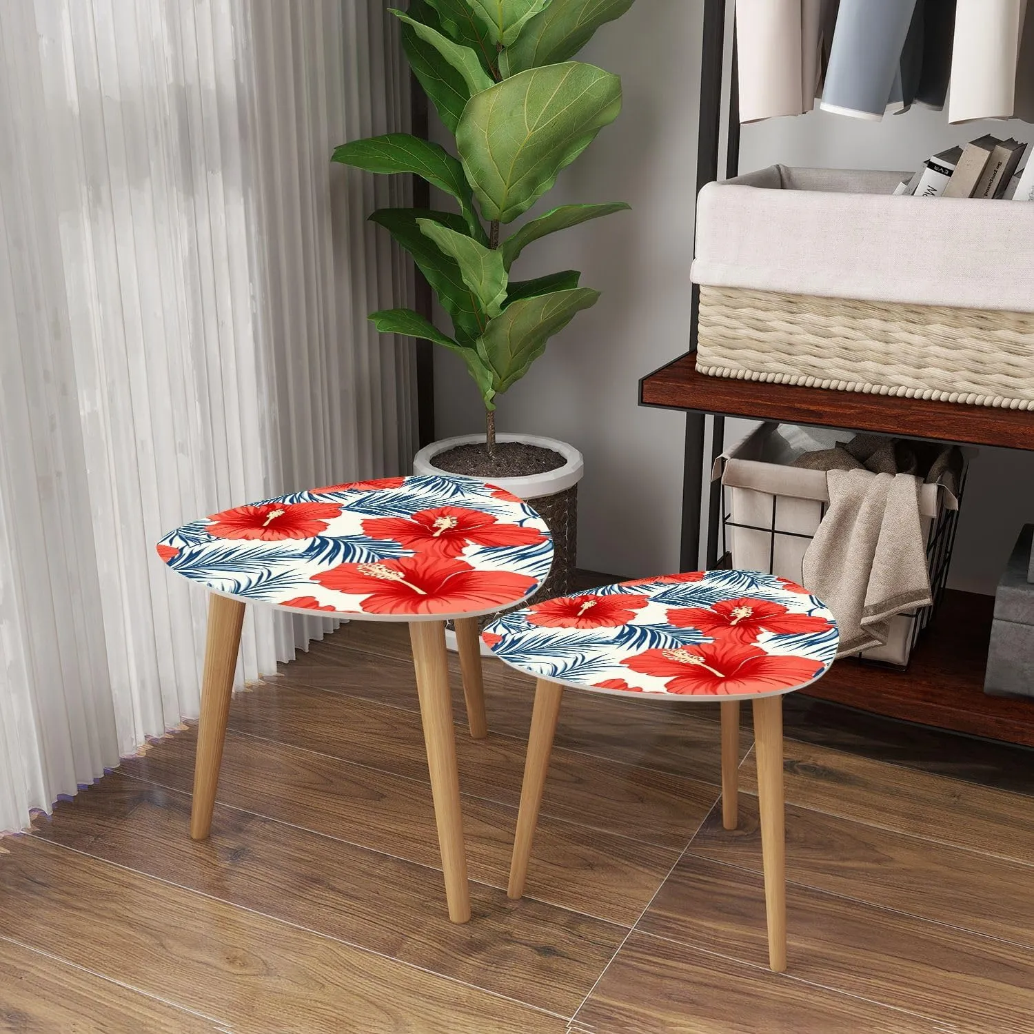 Triangle Nesting Coffee Table Set of 2 Tropical Flowers Palm Leaves Seamless Pattern Modern Minimalist Side Table Small End Leisure Tea Tables for Living Room Bedroom Office