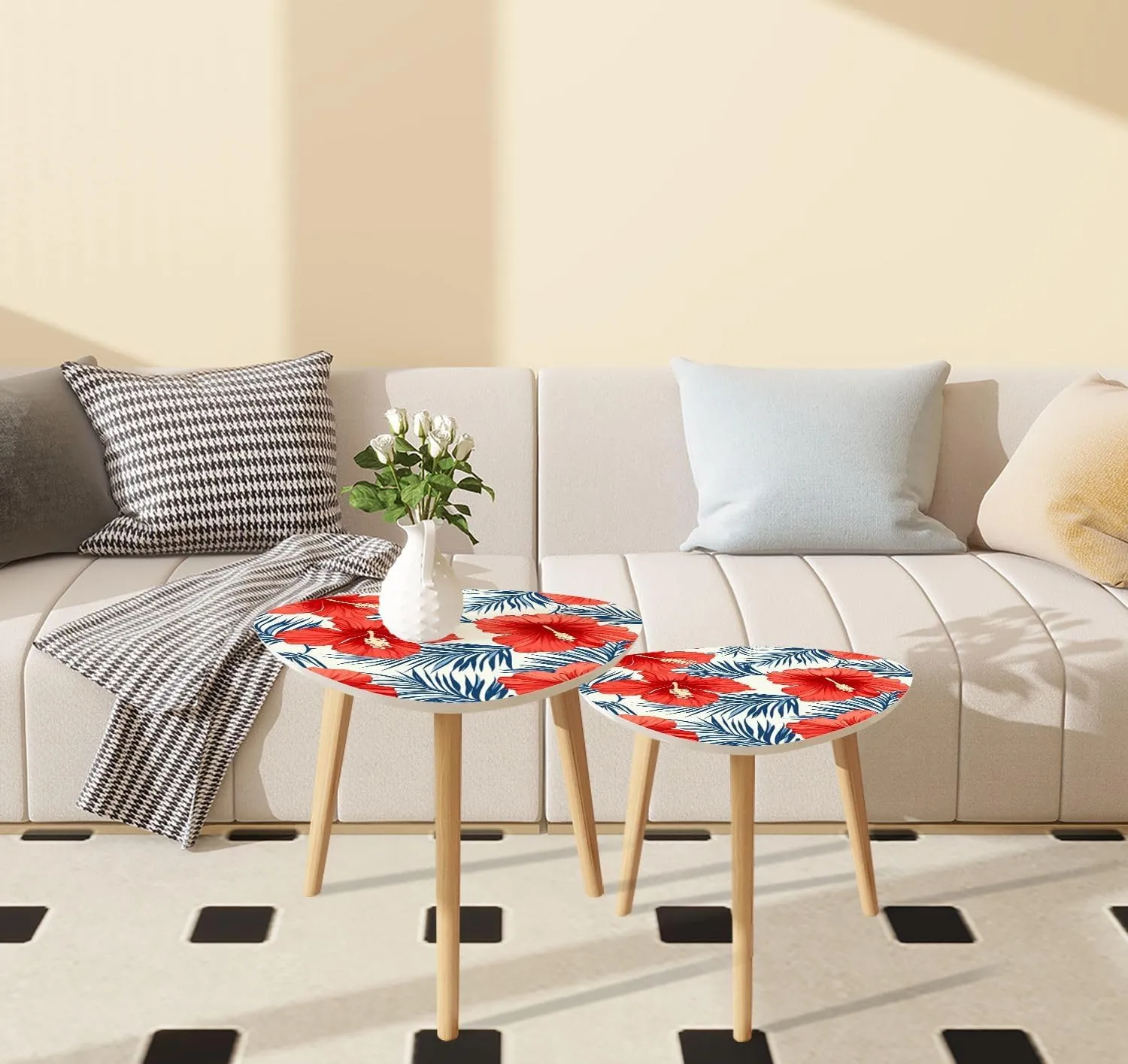 Triangle Nesting Coffee Table Set of 2 Tropical Flowers Palm Leaves Seamless Pattern Modern Minimalist Side Table Small End Leisure Tea Tables for Living Room Bedroom Office
