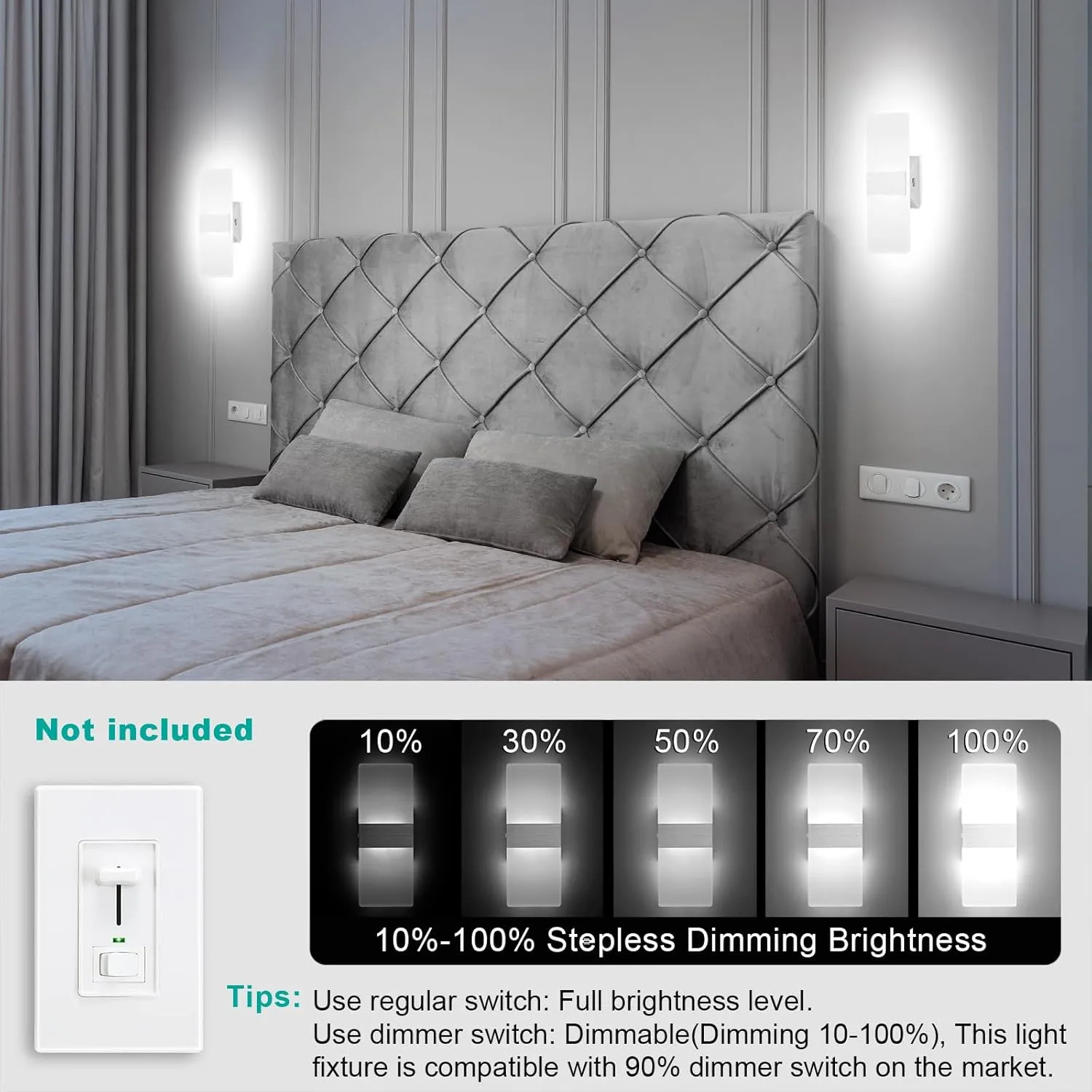 TRLIFE Dimmable LED Wall Sconces, 4 Color Temperature 12W Modern Wall Sconce Wall Mounted Light Set of 2 Dimmable Wall Lights for Bedroom Bedside Hallway Living Room Stairway(2 Pack, Silver)