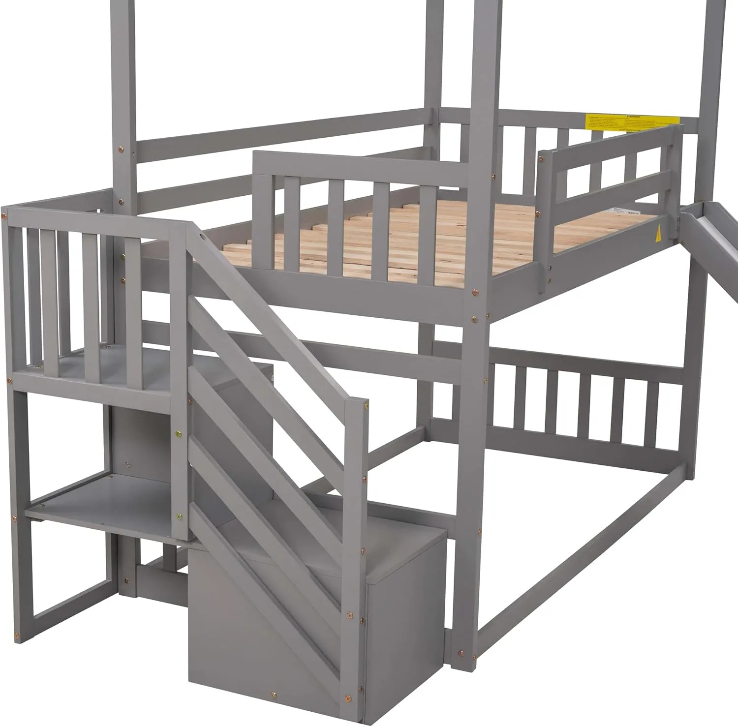Twin Over Twin House Bunk Bed with Slide, Solid Wood Bunk Bed Frame with Storage Staircase and Safety Guardrail for Kids Teens Adults, Grey