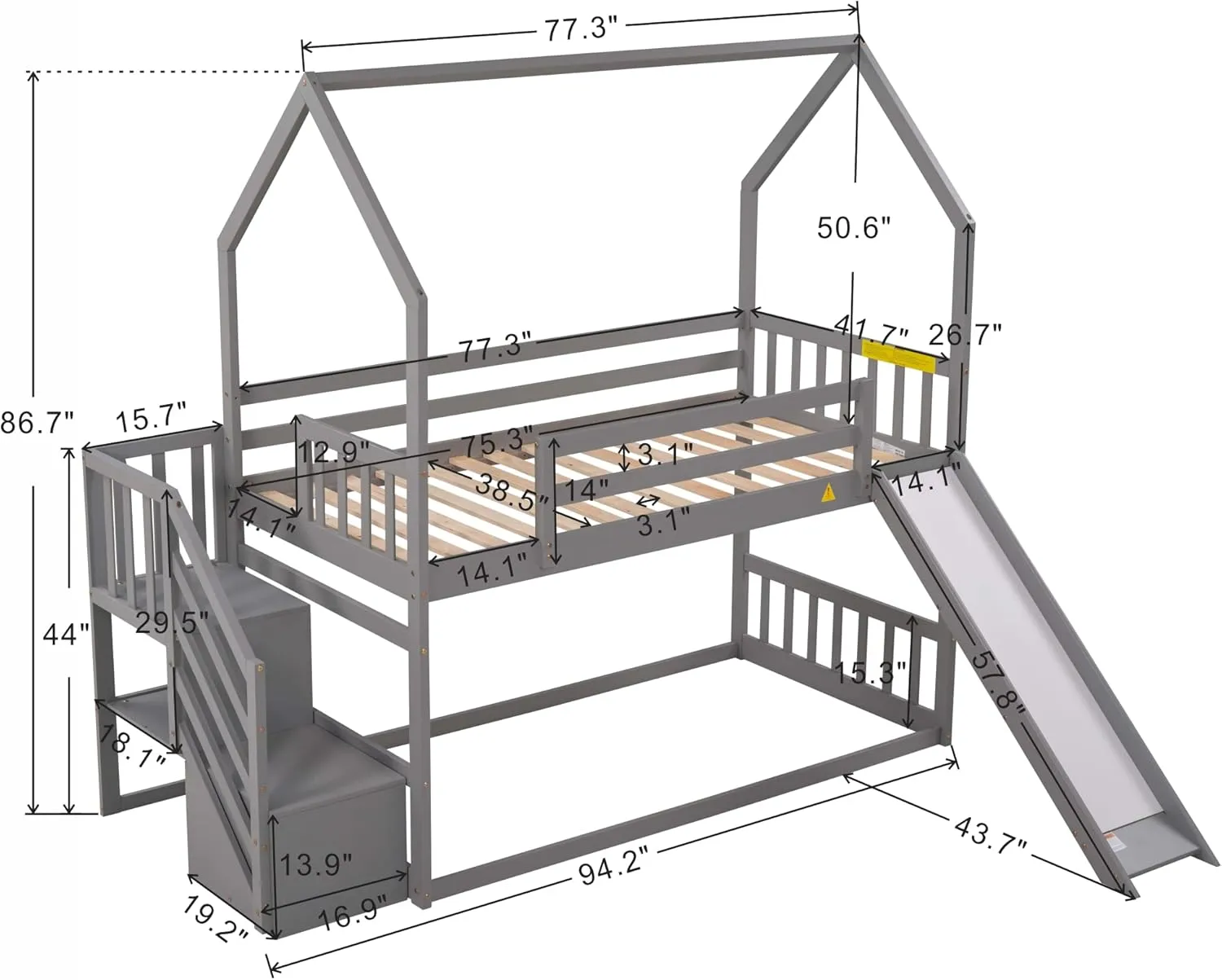 Twin Over Twin House Bunk Bed with Slide, Solid Wood Bunk Bed Frame with Storage Staircase and Safety Guardrail for Kids Teens Adults, Grey