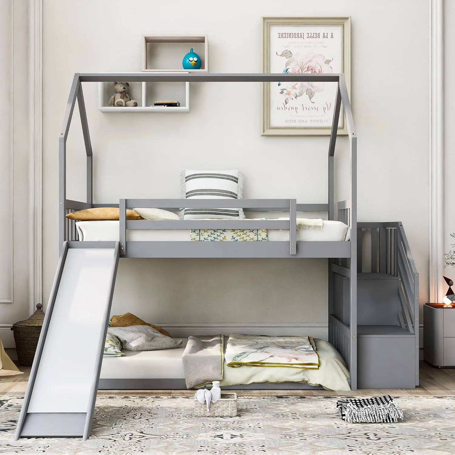 Twin Over Twin House Bunk Bed with Slide, Solid Wood Bunk Bed Frame with Storage Staircase and Safety Guardrail for Kids Teens Adults, Grey