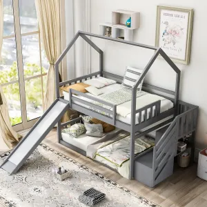 Twin Over Twin House Bunk Bed with Slide, Solid Wood Bunk Bed Frame with Storage Staircase and Safety Guardrail for Kids Teens Adults, Grey