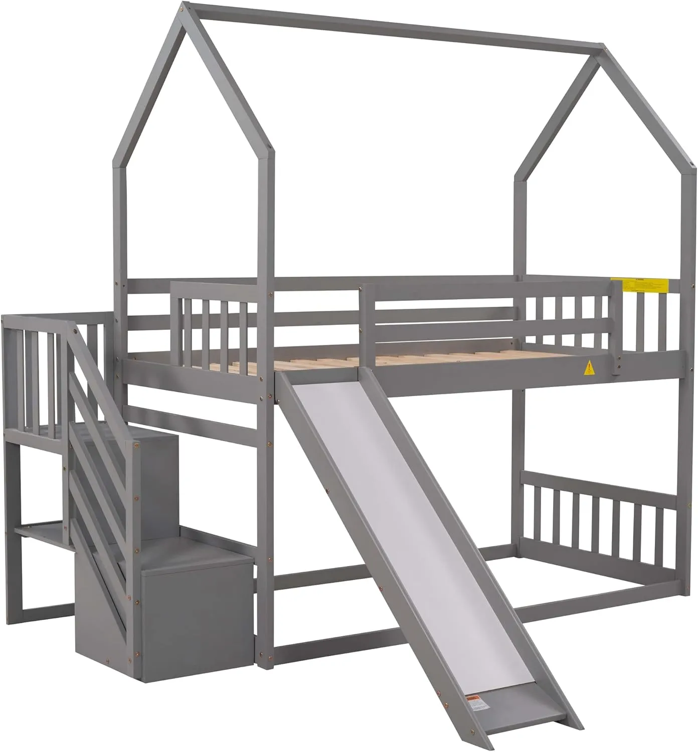 Twin Over Twin House Bunk Bed with Slide, Solid Wood Bunk Bed Frame with Storage Staircase and Safety Guardrail for Kids Teens Adults, Grey