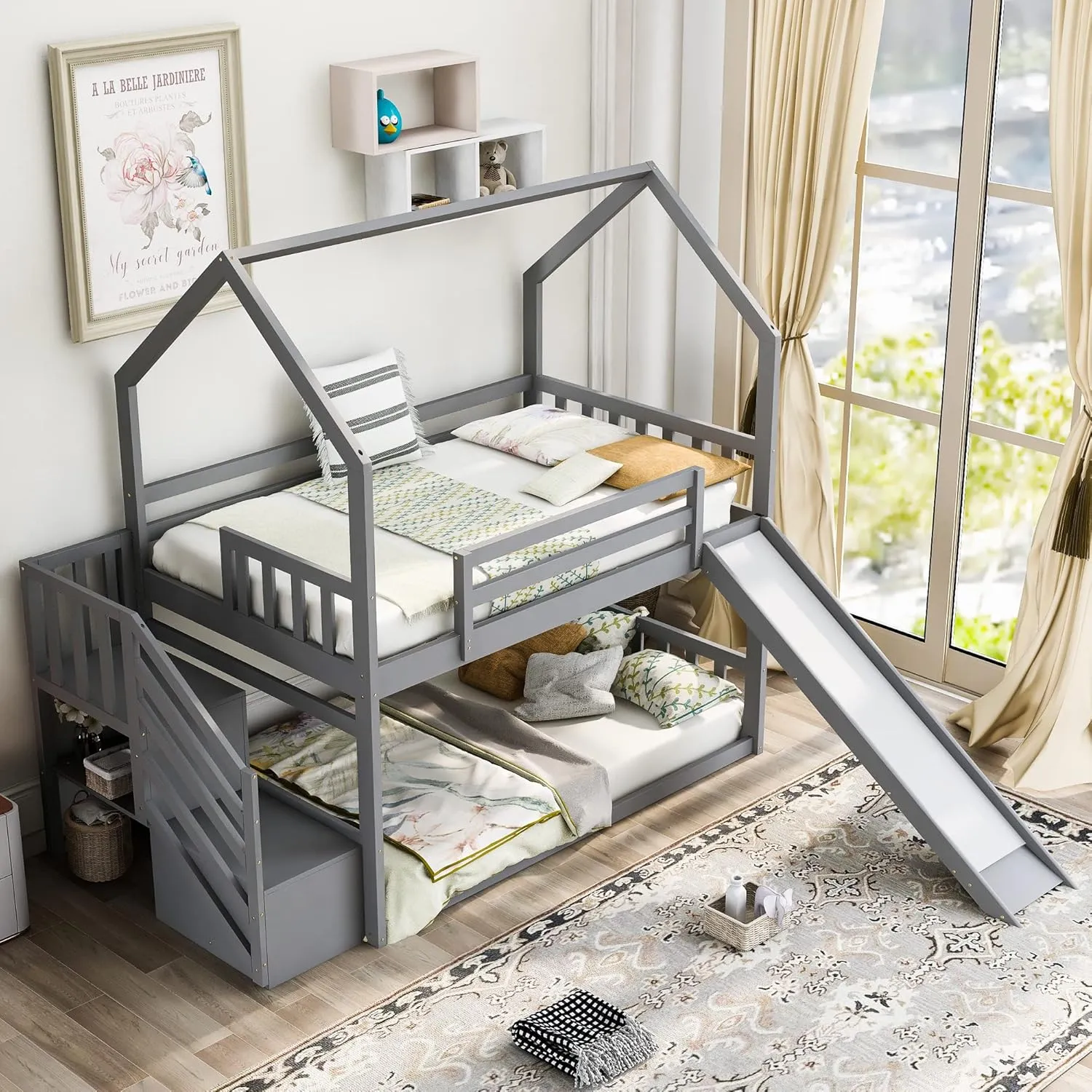 Twin Over Twin House Bunk Bed with Slide, Solid Wood Bunk Bed Frame with Storage Staircase and Safety Guardrail for Kids Teens Adults, Grey