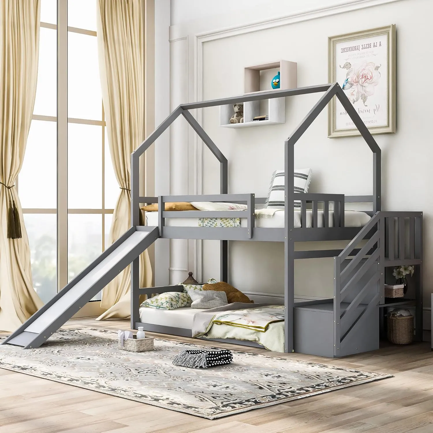 Twin Over Twin House Bunk Bed with Slide, Solid Wood Bunk Bed Frame with Storage Staircase and Safety Guardrail for Kids Teens Adults, Grey