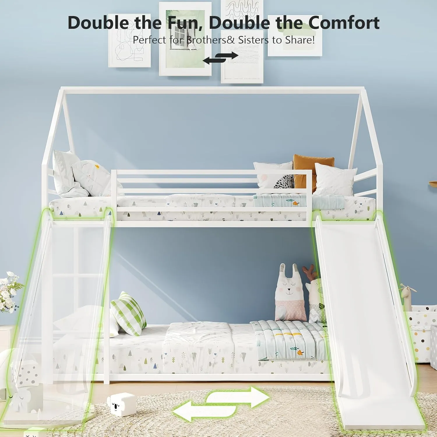 Twin-Over-Twin Low Bunk Bed with Convertible Slide,Montessori Floor Bunk Bed Frame with Full-Length Guardrail,Heavy Duty Metal Bed with House Shape and Roof for Toddlers,White