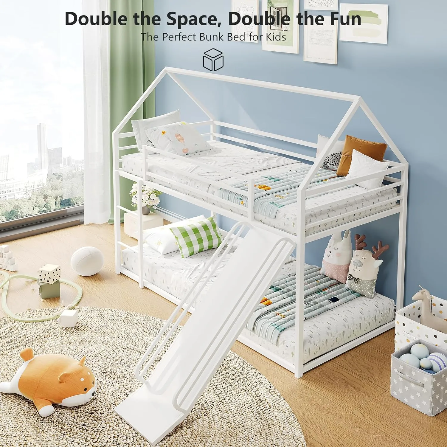 Twin-Over-Twin Low Bunk Bed with Convertible Slide,Montessori Floor Bunk Bed Frame with Full-Length Guardrail,Heavy Duty Metal Bed with House Shape and Roof for Toddlers,White