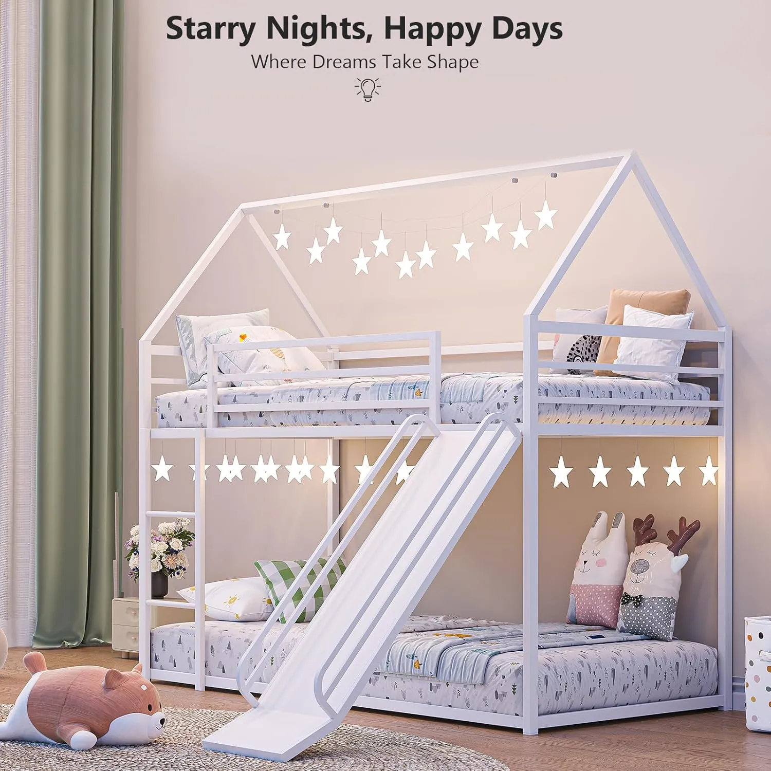 Twin-Over-Twin Low Bunk Bed with Convertible Slide,Montessori Floor Bunk Bed Frame with Full-Length Guardrail,Heavy Duty Metal Bed with House Shape and Roof for Toddlers,White