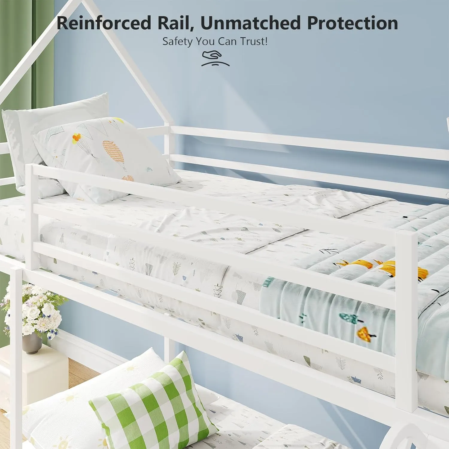 Twin-Over-Twin Low Bunk Bed with Convertible Slide,Montessori Floor Bunk Bed Frame with Full-Length Guardrail,Heavy Duty Metal Bed with House Shape and Roof for Toddlers,White