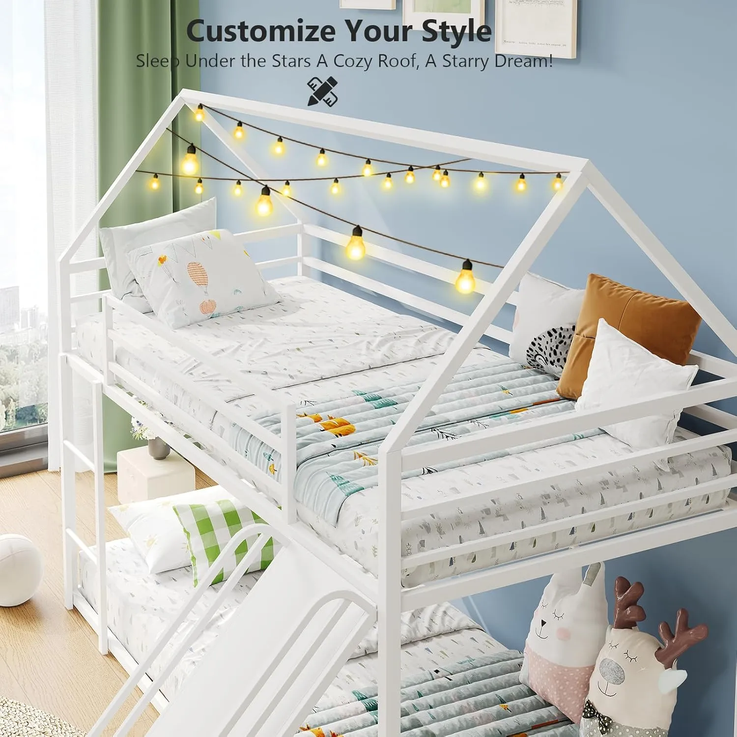Twin-Over-Twin Low Bunk Bed with Convertible Slide,Montessori Floor Bunk Bed Frame with Full-Length Guardrail,Heavy Duty Metal Bed with House Shape and Roof for Toddlers,White