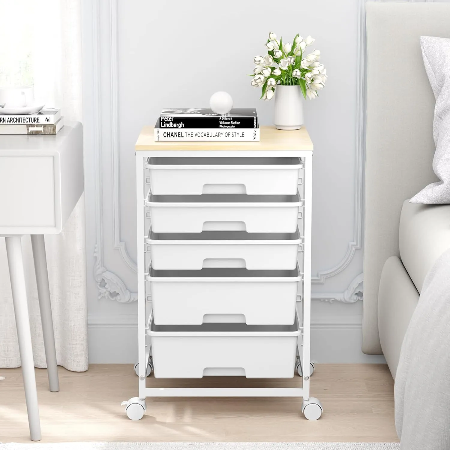 Utility Cart with 5 Drawers,Storage Drawer Cart with Wooden Tabletop and Lockable Wheels,Craft Storage Trolley Cart,5-Tier Rolling Utility Cart on Wheels,Bright White