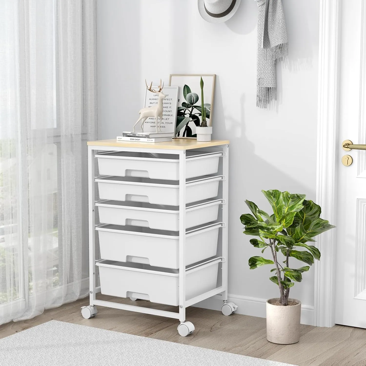 Utility Cart with 5 Drawers,Storage Drawer Cart with Wooden Tabletop and Lockable Wheels,Craft Storage Trolley Cart,5-Tier Rolling Utility Cart on Wheels,Bright White