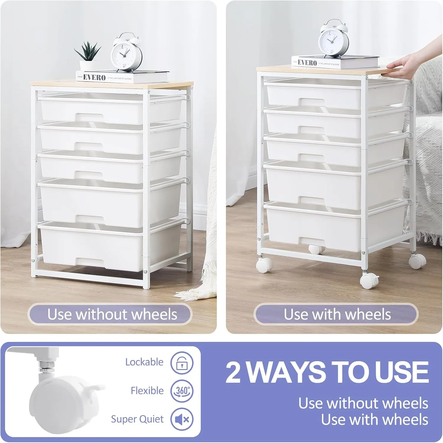 Utility Cart with 5 Drawers,Storage Drawer Cart with Wooden Tabletop and Lockable Wheels,Craft Storage Trolley Cart,5-Tier Rolling Utility Cart on Wheels,Bright White
