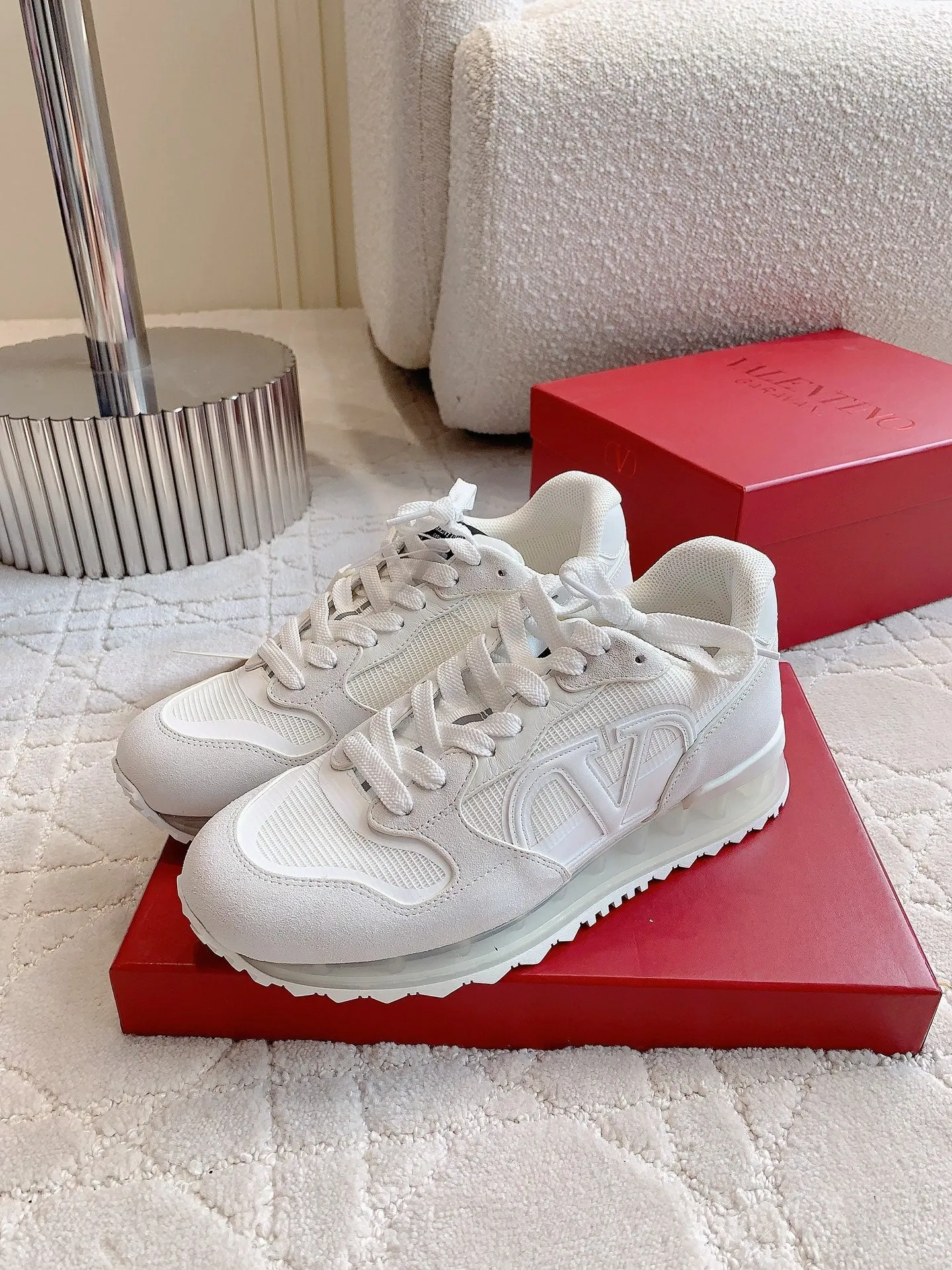 Valentino Netrunner In White Mix Light Grey Suede And Mesh Fabric 812479
